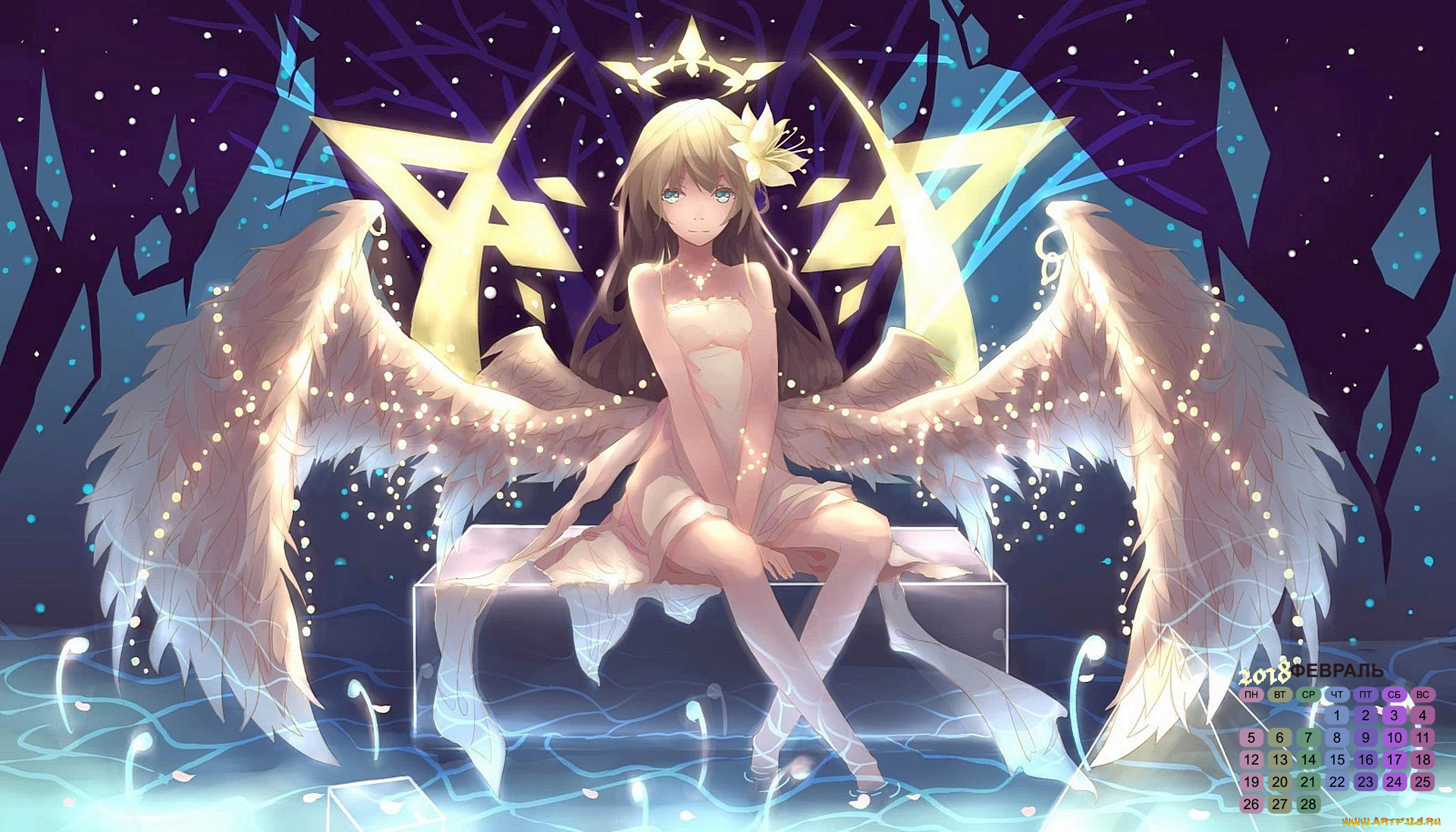 календари, аниме, крылья, взгляд, девушка, 2018, цветок