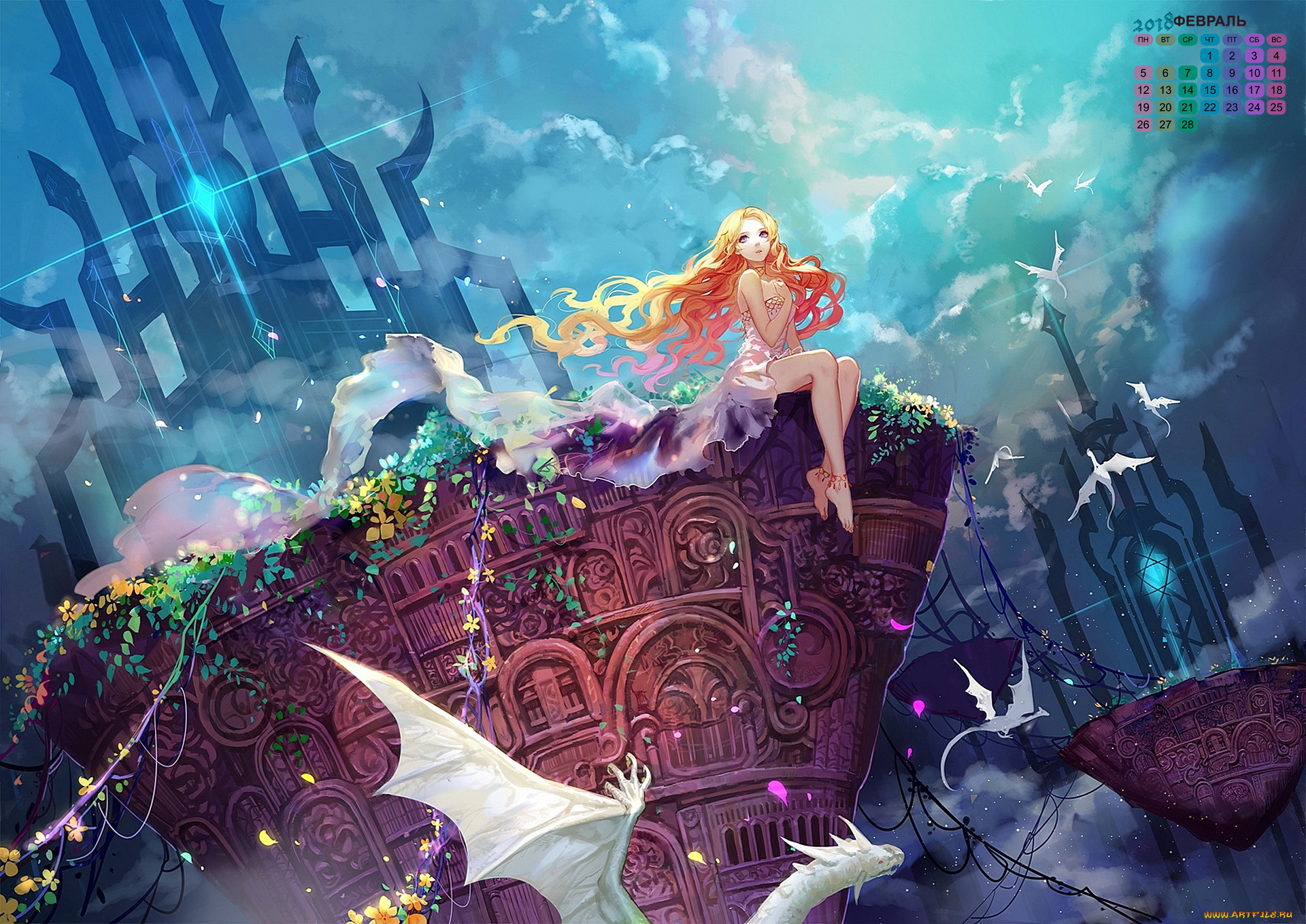 календари, аниме, девушка, взгляд, 2018, дракон
