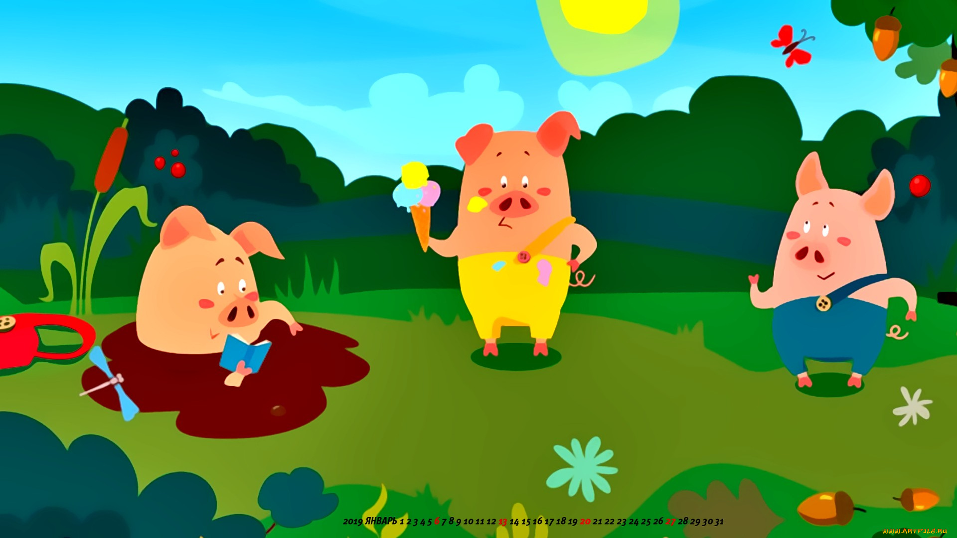 календари, рисованные, , векторная, графика, мороженое, желудь, дуб, свинья, книга, поросенок