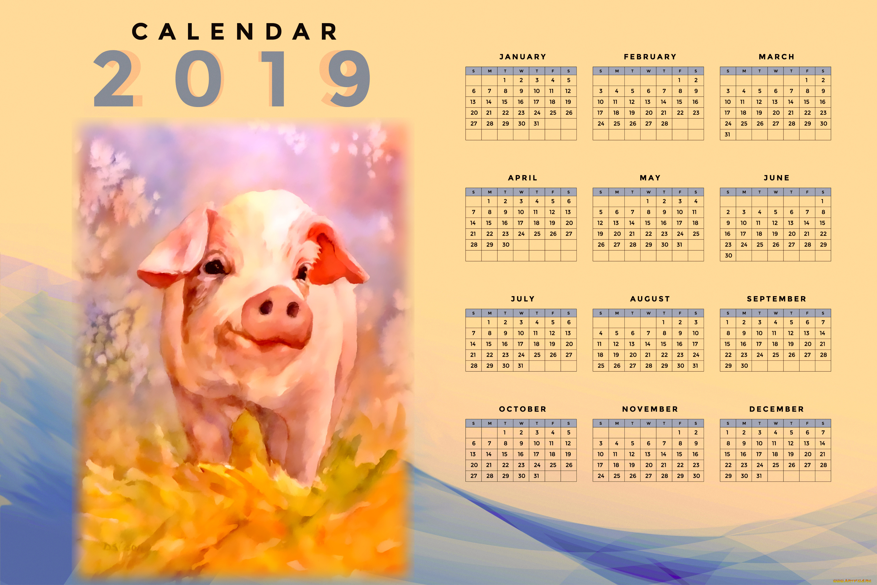 календари, рисованные, , векторная, графика, свинья, поросенок