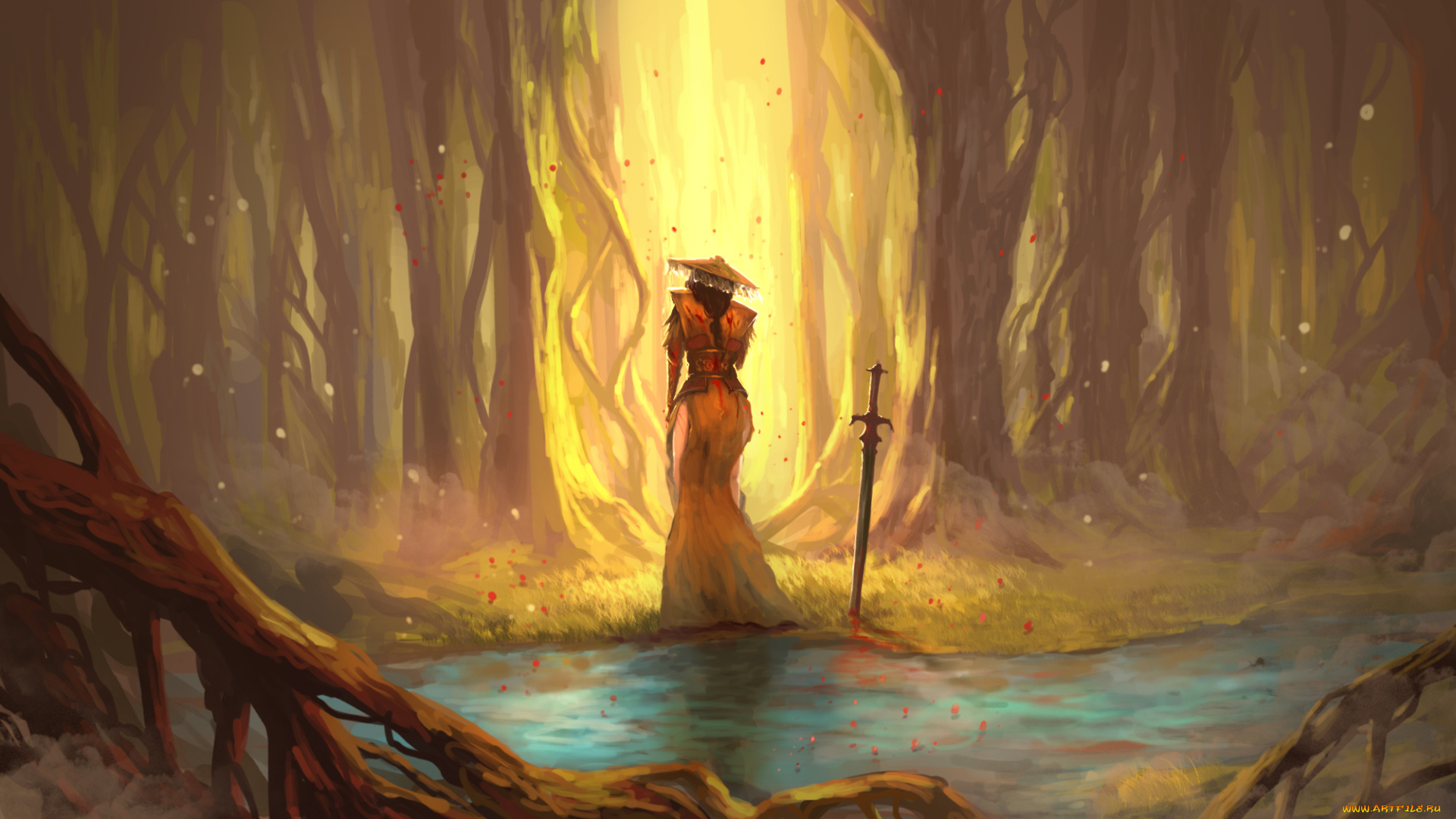 фэнтези, девушки, шляпа, меч, девушка, лес, фон