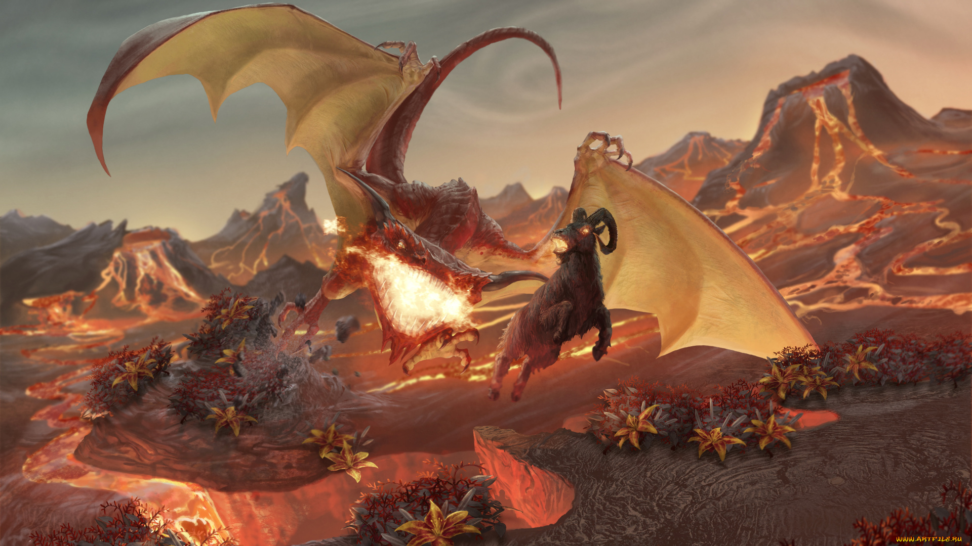 фэнтези, драконы, дракон, пламя, фон, баран