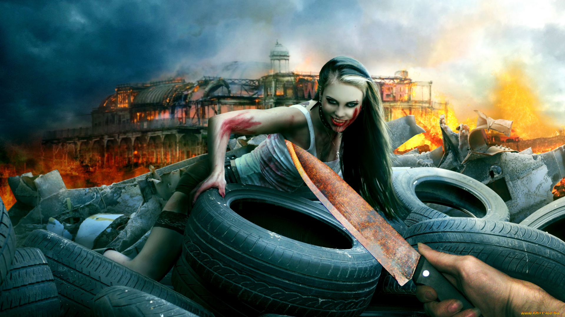фэнтези, фотоарт, взгляд, фон, девушка, нож, покрышки