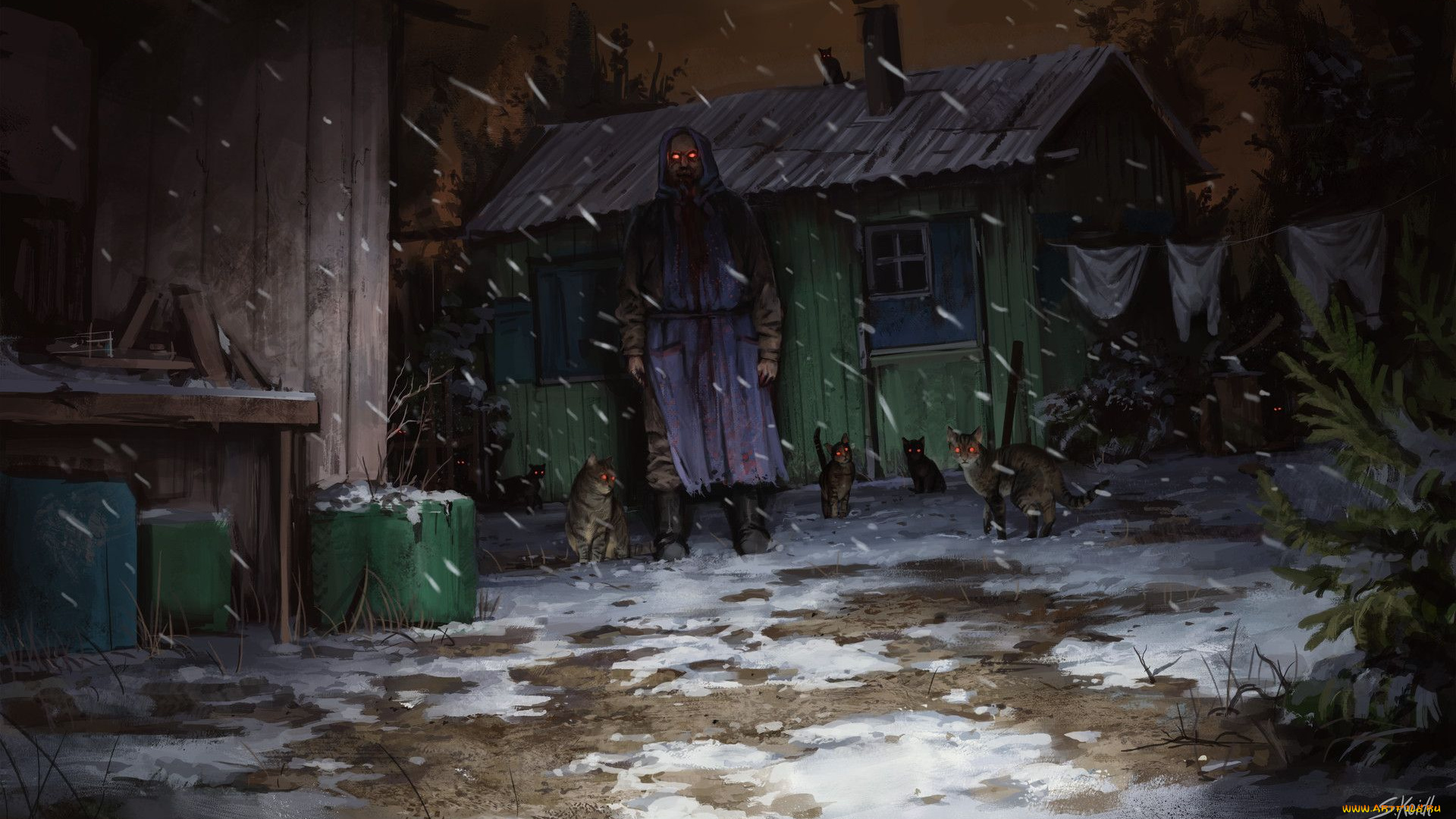 фэнтези, нежить, мужик, кошки, двор, снег, белье, сарай, дом