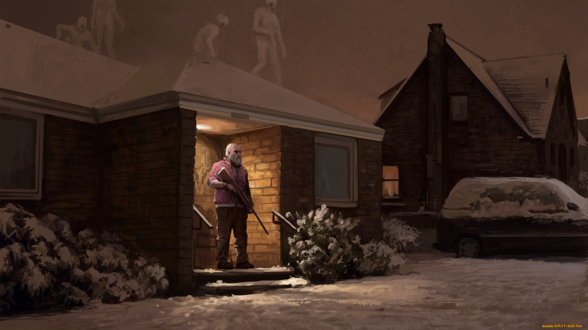 фэнтези, существа, монстры, снег, крыша, дом, мужик, ружье, двор