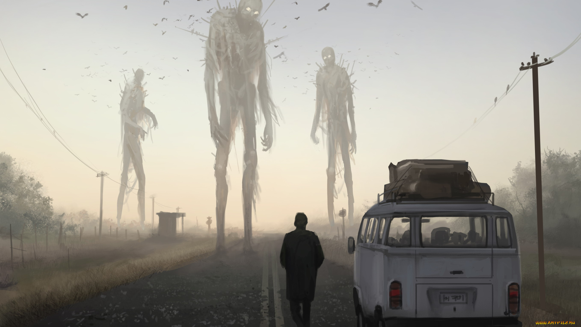 фэнтези, существа, провода, дорога, монстра, птицы, человек, машина