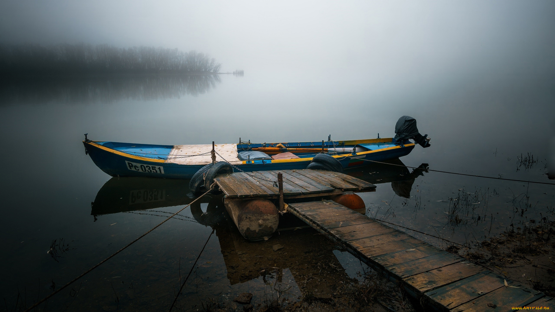 корабли, моторные, лодки, мостки, туман, лодка, моторная, речка