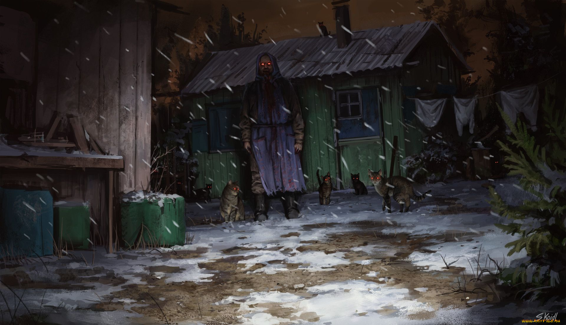 фэнтези, нежить, мужик, кошки, двор, снег, белье, сарай, дом