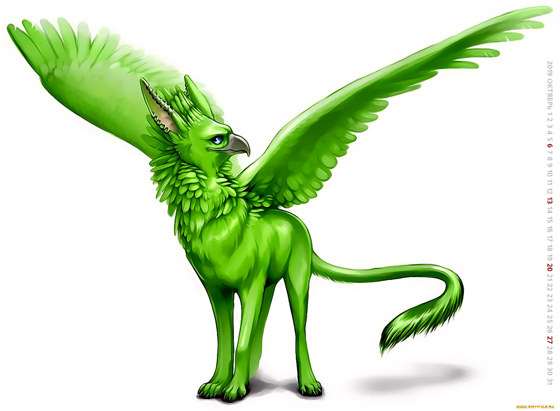 календари, фэнтези, изолированный, белый, фон, зеленый, хвост, клюв, крылья, существо, 2019, calendar