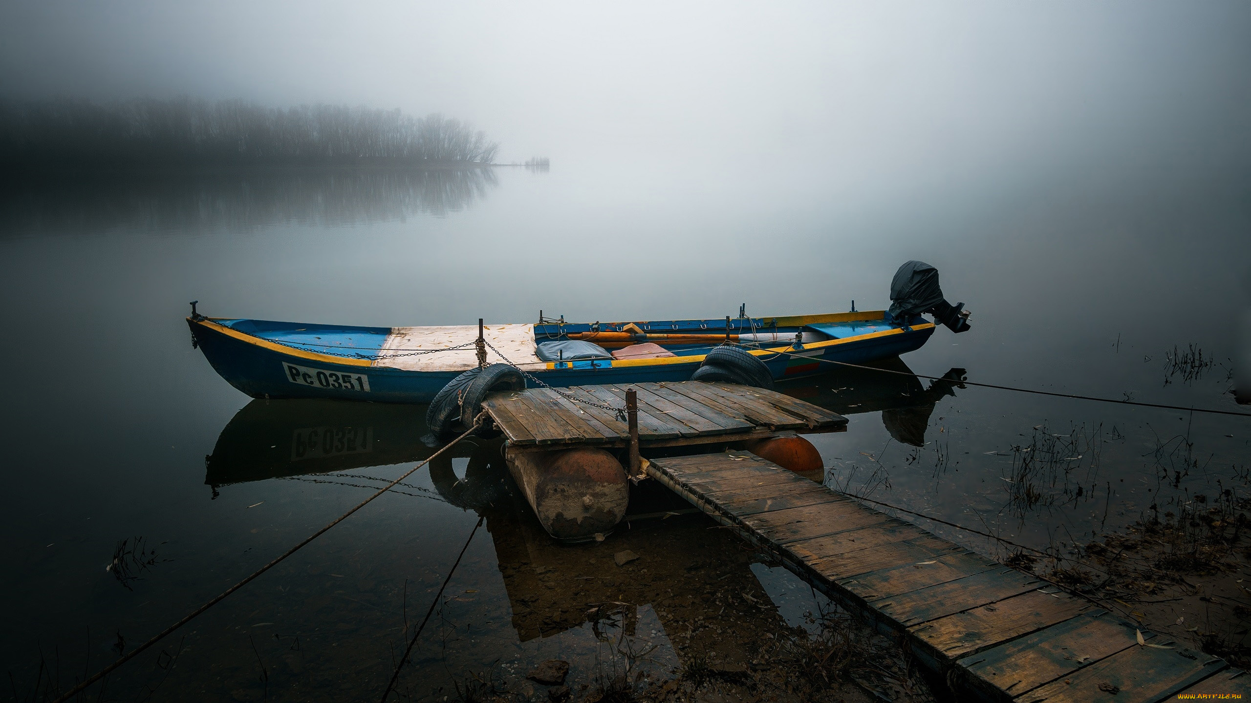 корабли, моторные, лодки, мостки, туман, лодка, моторная, речка