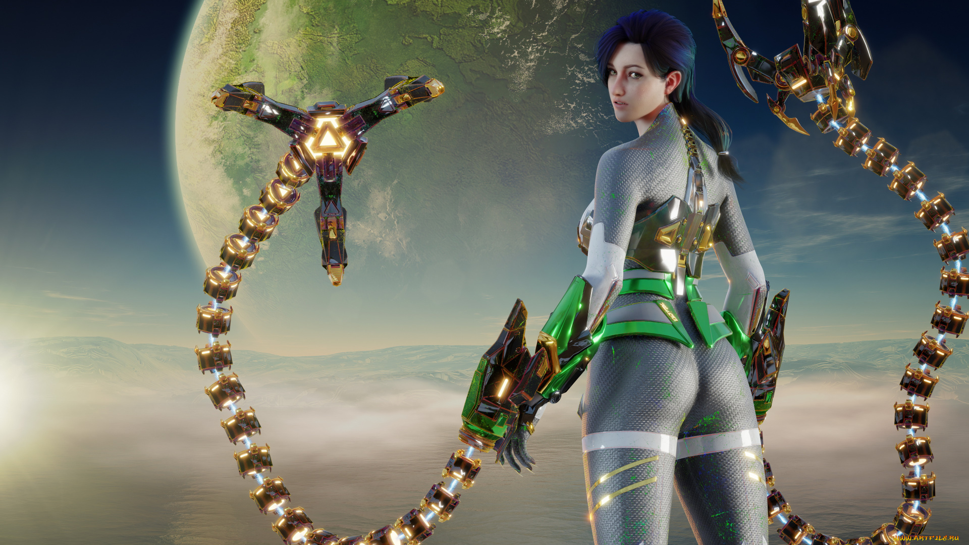 3д, графика, фантазия, , fantasy, девушка, фон, взгляд, униформа, планета, щупальце