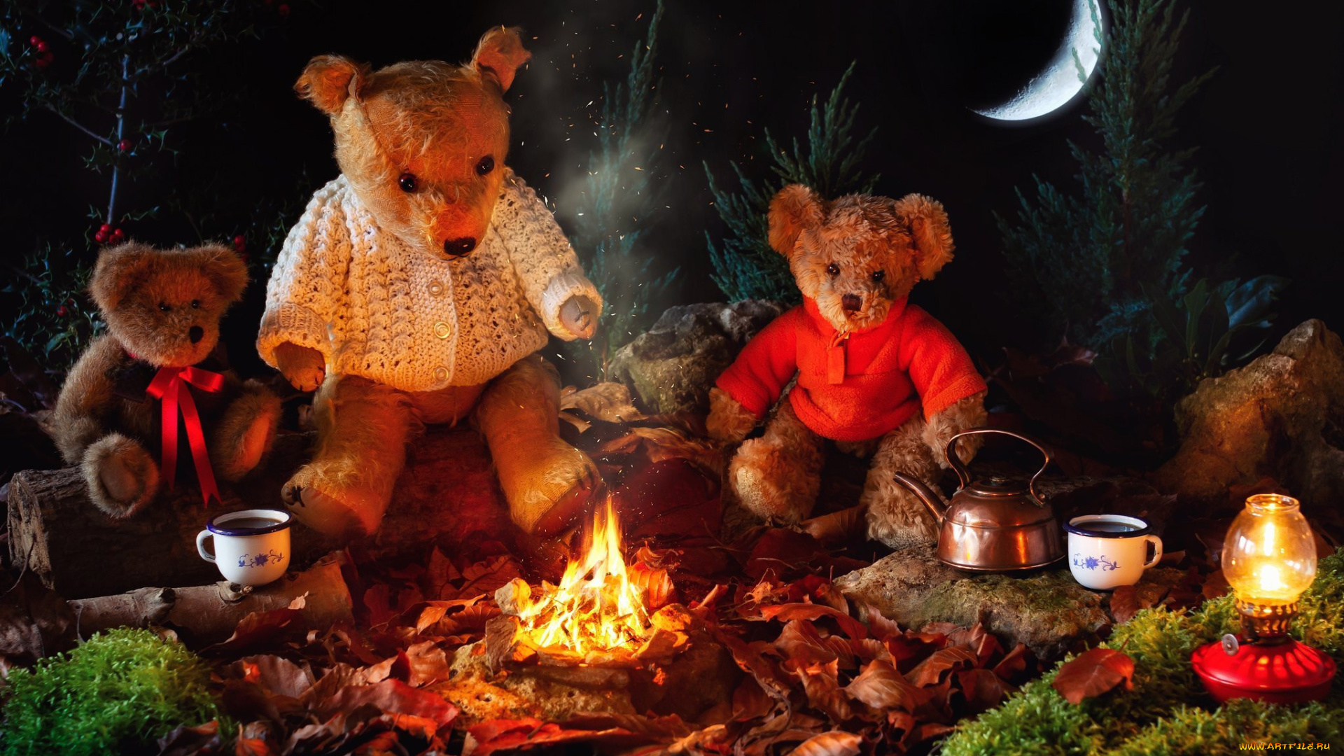 разное, игрушки, костер, лампа, чай, луна, медведи, плюшевые