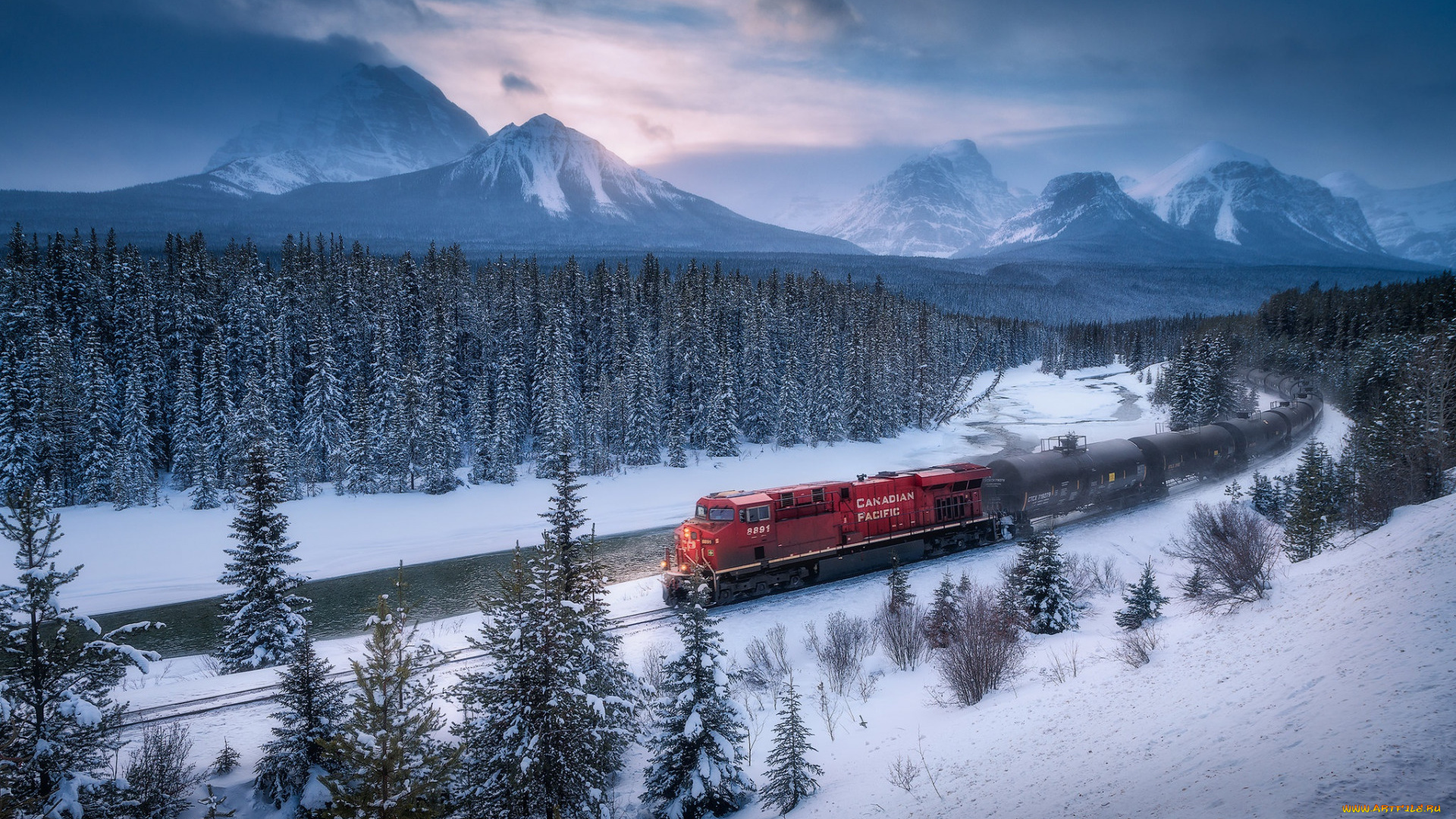 техника, поезда, канадские, скалистые, горы, зима, боу-ривер, вечер, боу-вэлли, закат, снег, лес, альберта, канада, национальный, парк, банф