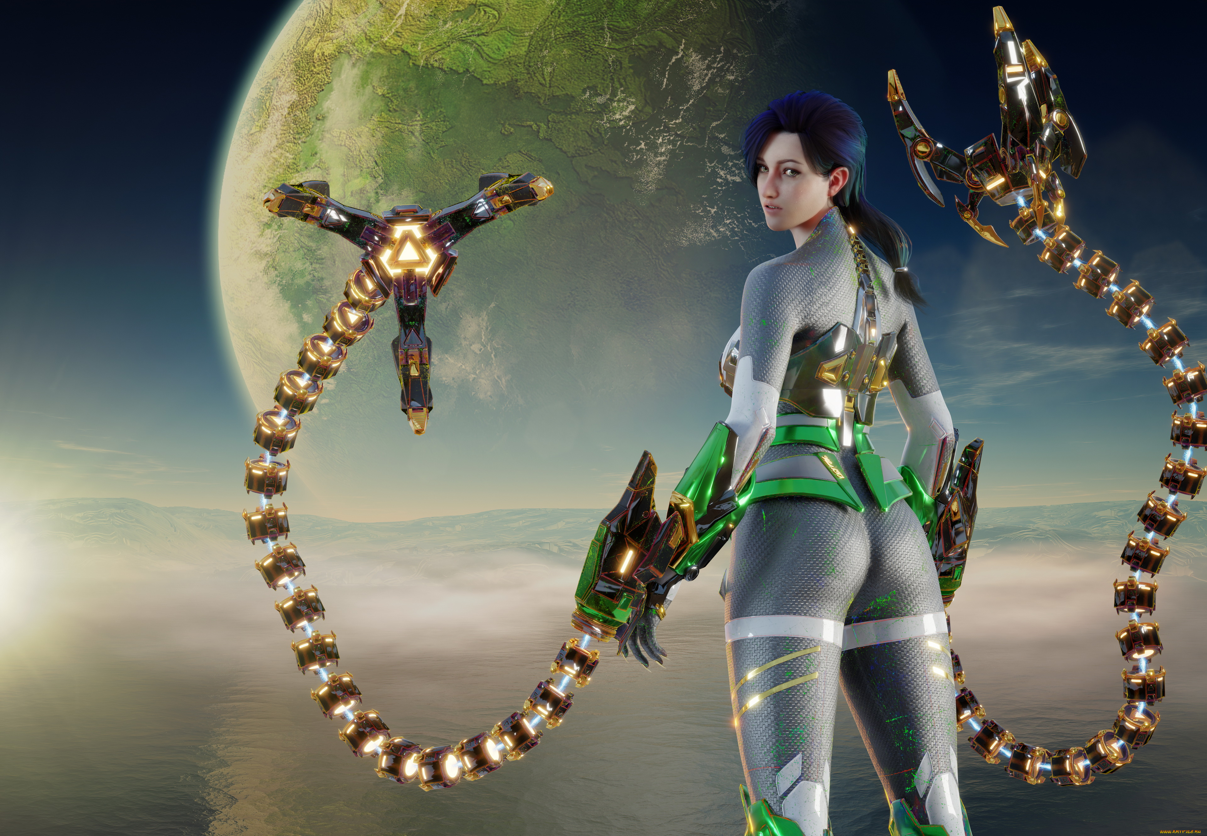 3д, графика, фантазия, , fantasy, девушка, фон, взгляд, униформа, планета, щупальце