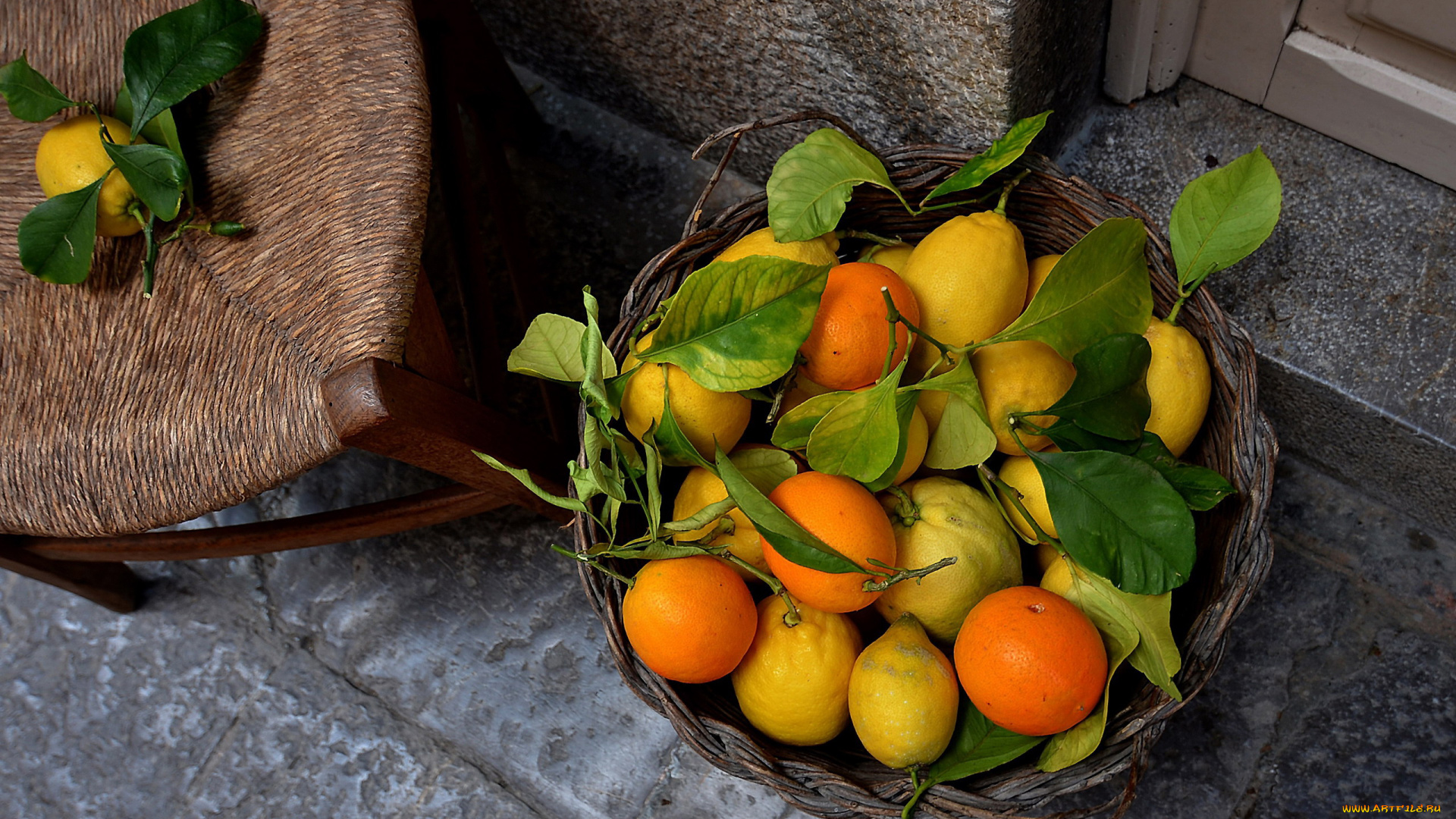 еда, цитрусы, корзинка, лимоны, мандарины