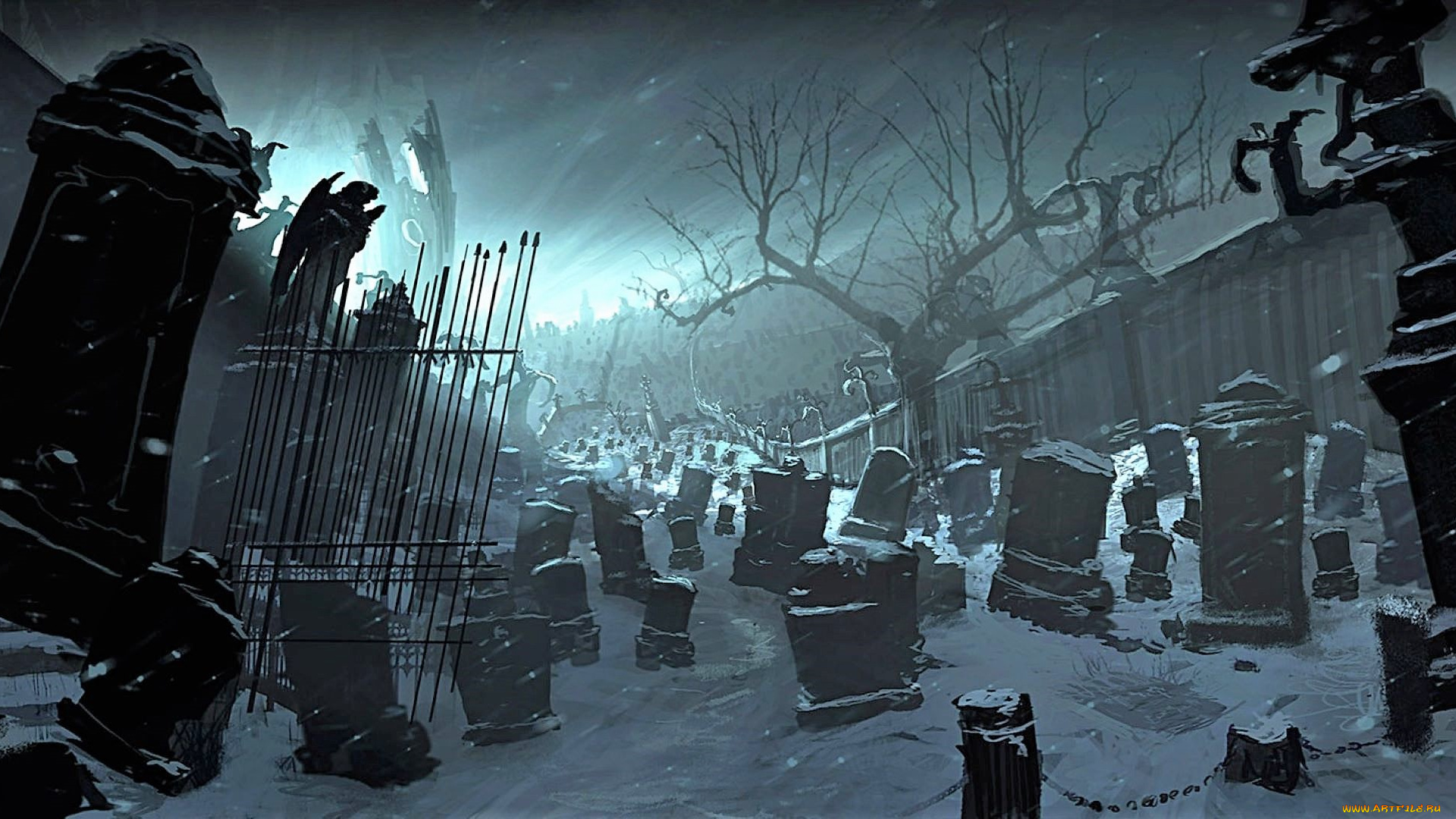 фэнтези, иные, миры, , иные, времена, кладбище, снег, зима, дома, дерево