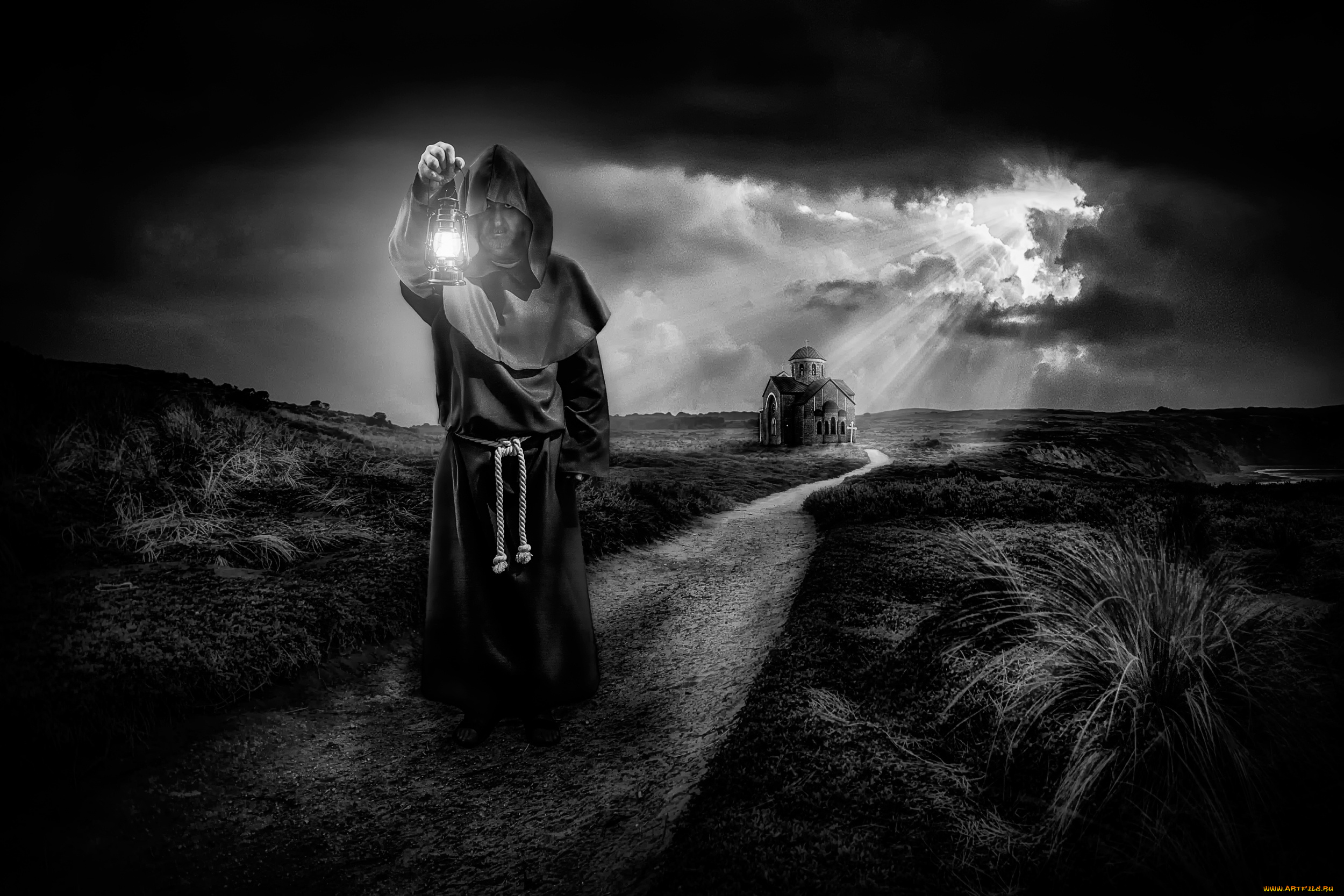 мужчины, -unsort, монах, ряса, фонарь, дорога, церковь, тучи