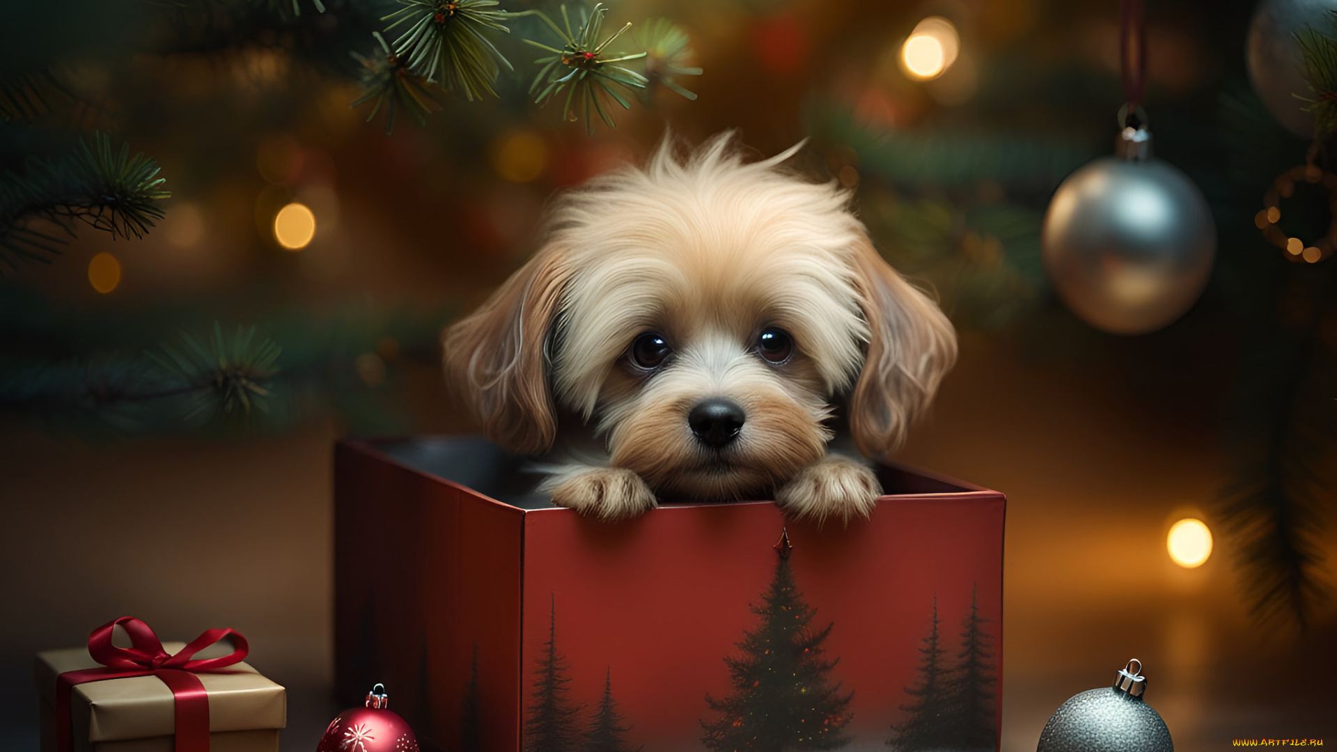 3д, графика, животные, , animals, собака, коробка, игрушки, новый, год, арт