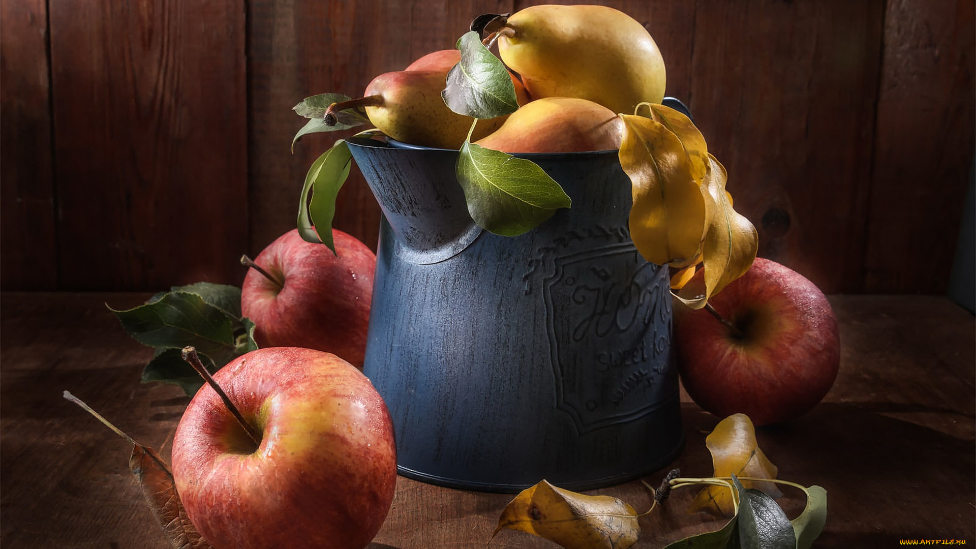 еда, фрукты, , ягоды, листья, стол, яблоки, доски, желтые, красные, лейка