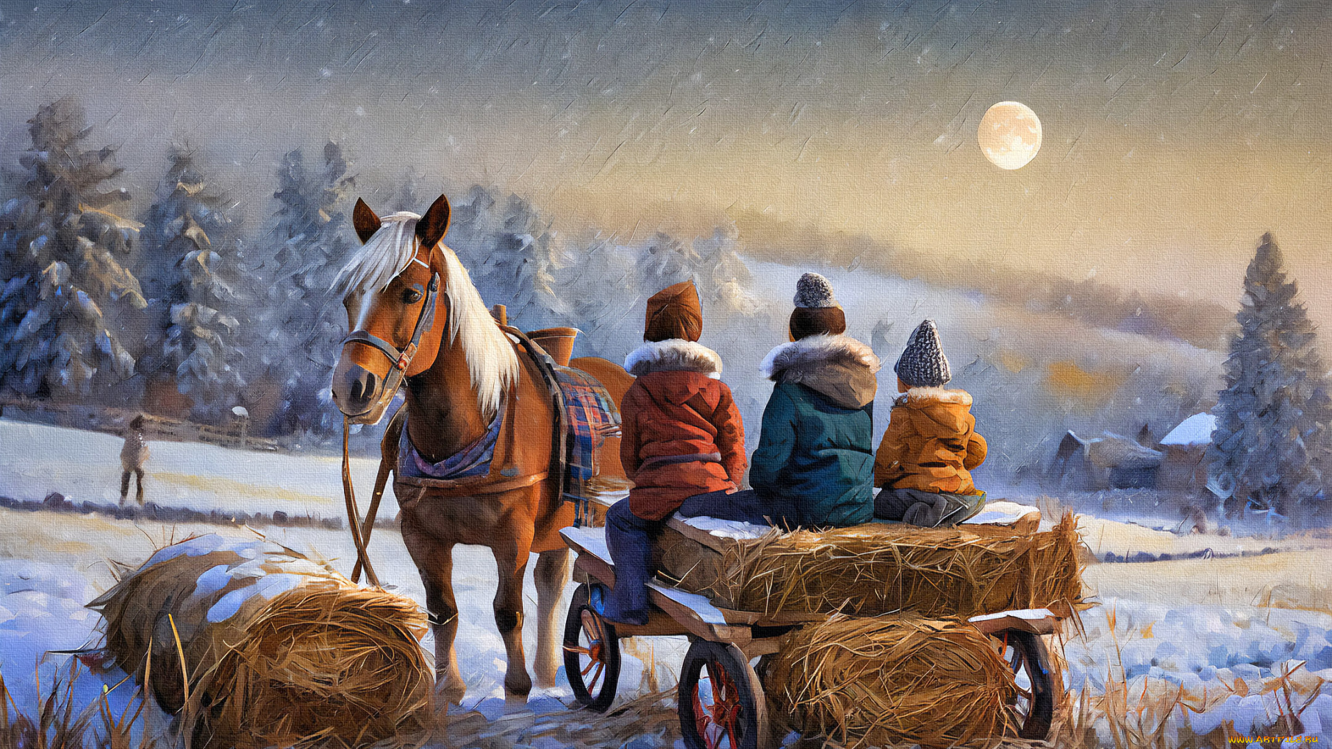 рисованное, животные, зима, снег, дети, лошадь