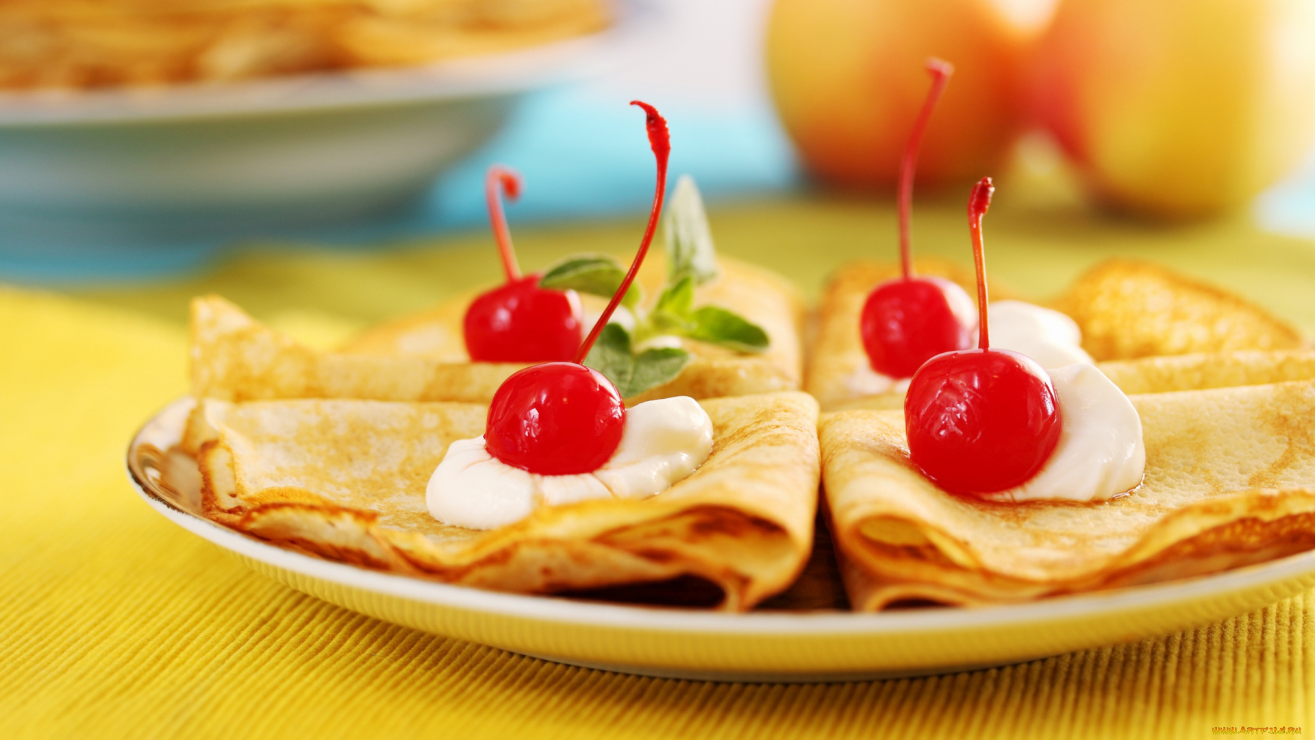 еда, блины, , оладьи, блинчики, мята, вишни