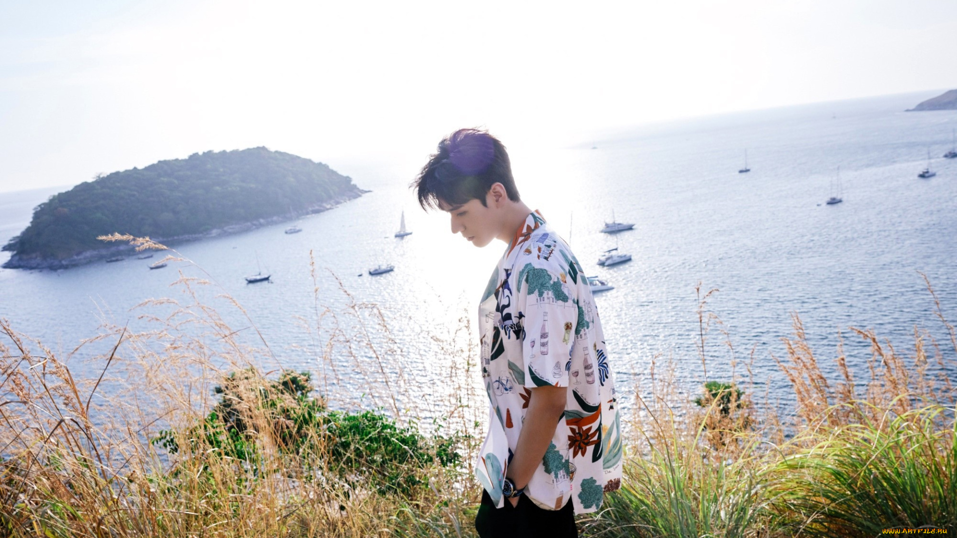 мужчины, gong, jun, |, simon, gong, актер, рубашка, трава, море, остров, яхты