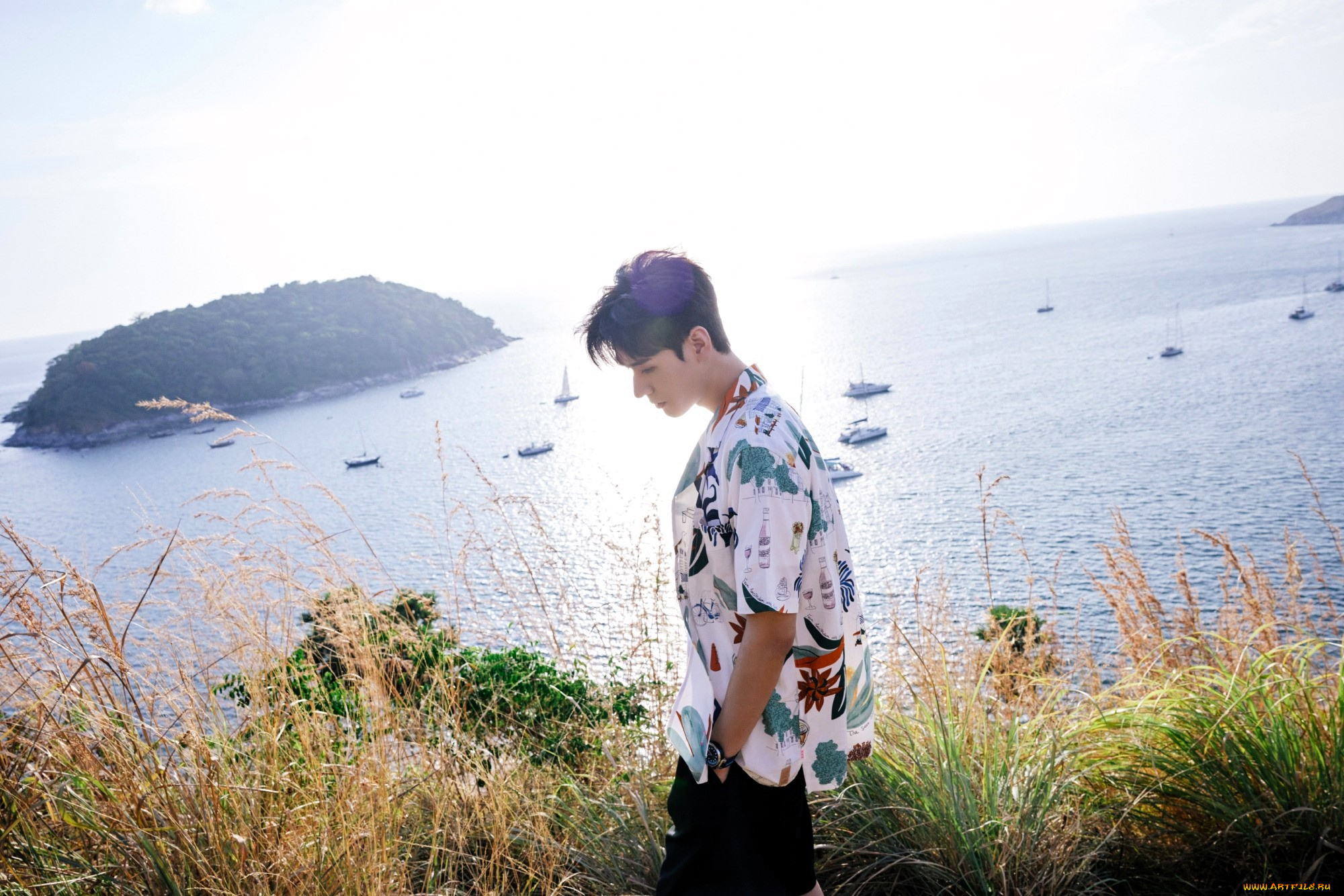 мужчины, gong, jun, |, simon, gong, актер, рубашка, трава, море, остров, яхты
