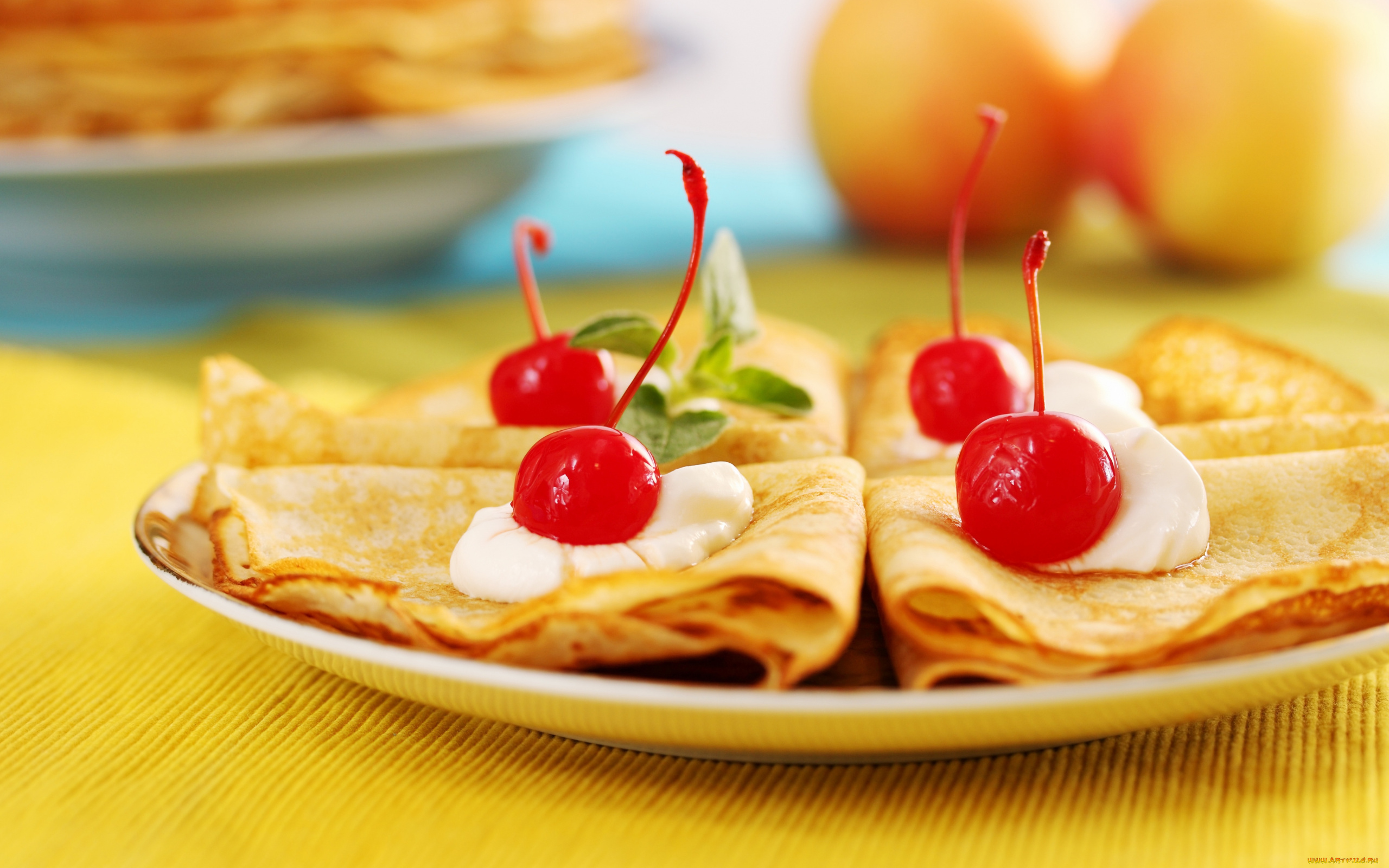 еда, блины, , оладьи, блинчики, мята, вишни