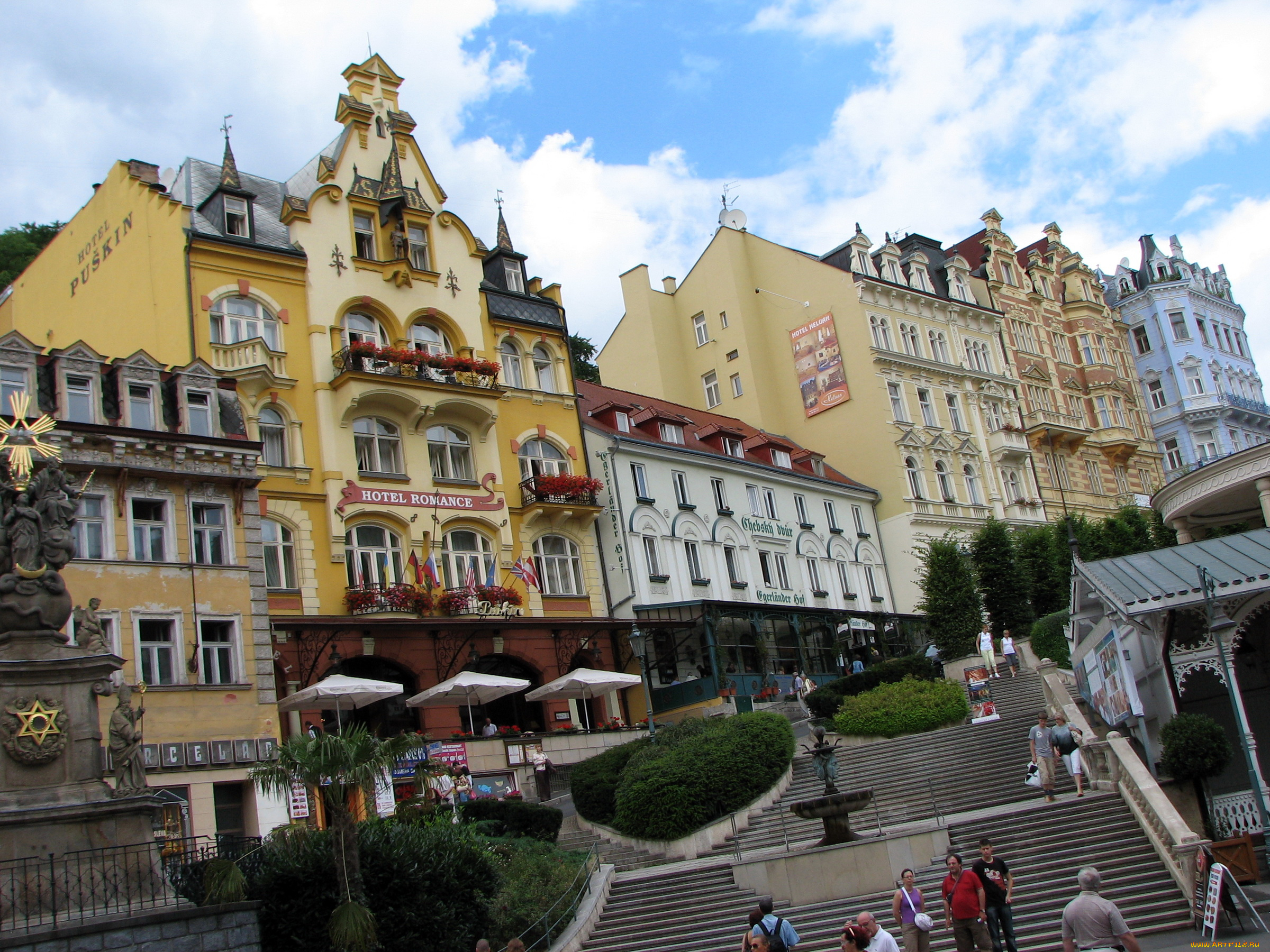 karlovy, vary, Чехия, города, здания, дома, лестница, памятник