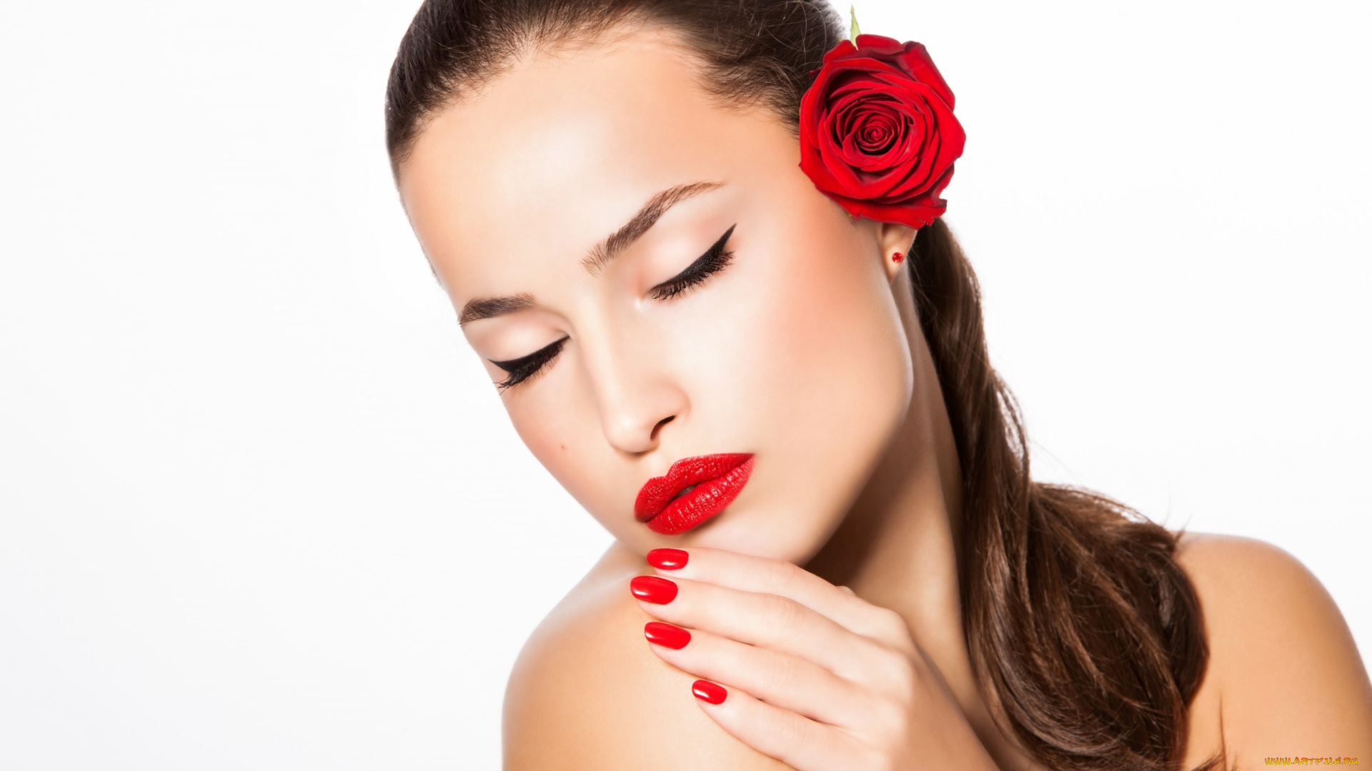 девушки, -unsort, , лица, , портреты, модель, белый, фон, роза, волосы, лицо, стрелки, макияж, помада