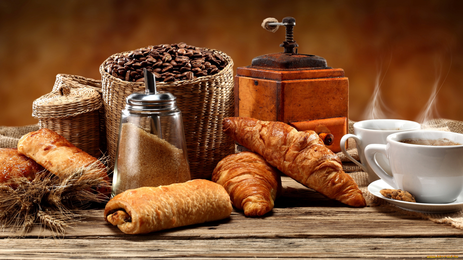 еда, разное, печенье, чашки, кофемолка, зерна, кофе, сахар, выпечка, кексы, булочки, рогалики, круассаны
