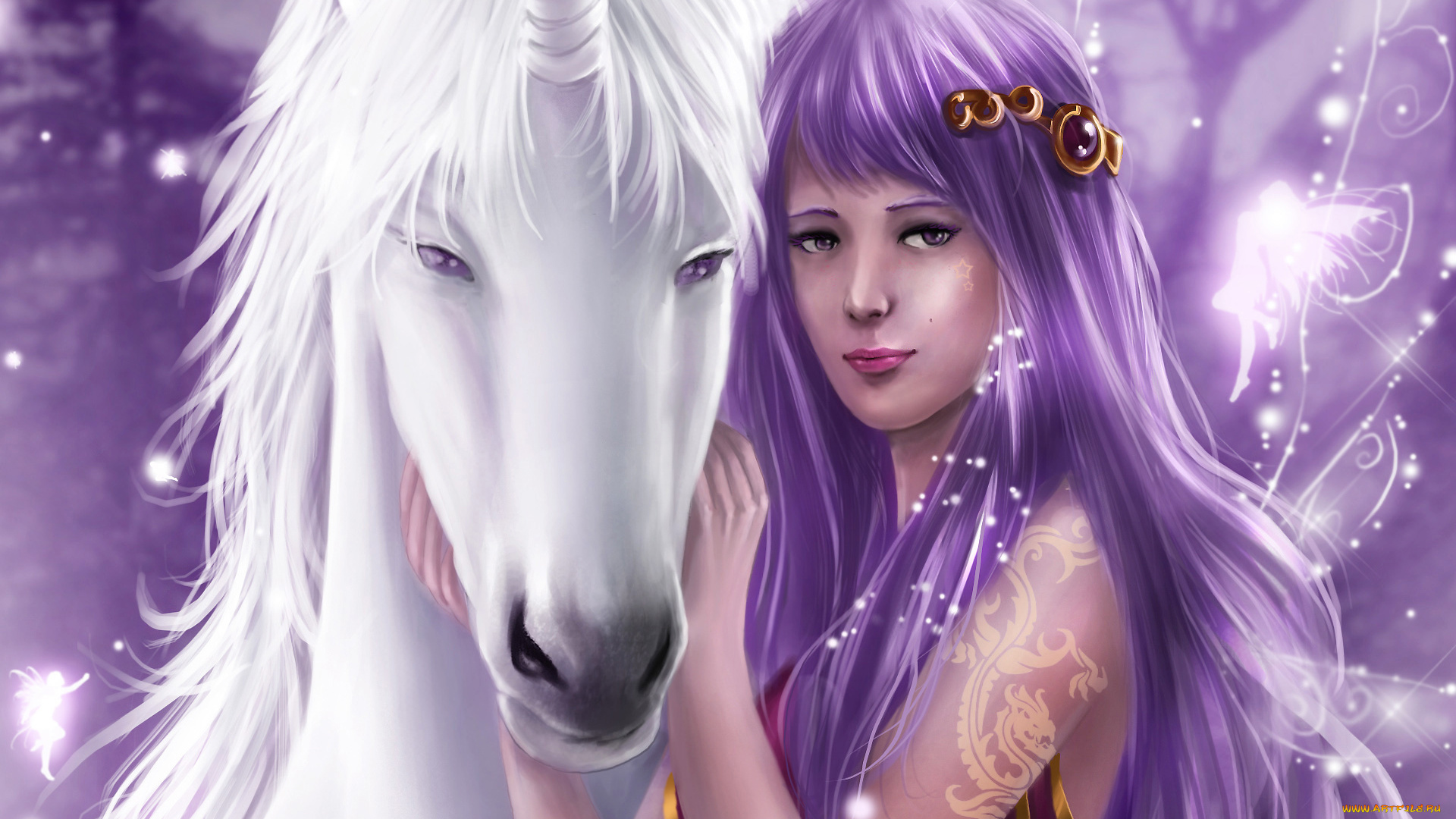 фэнтези, девушки, украшения, крылья, белая, лошадь, девушка, единорог