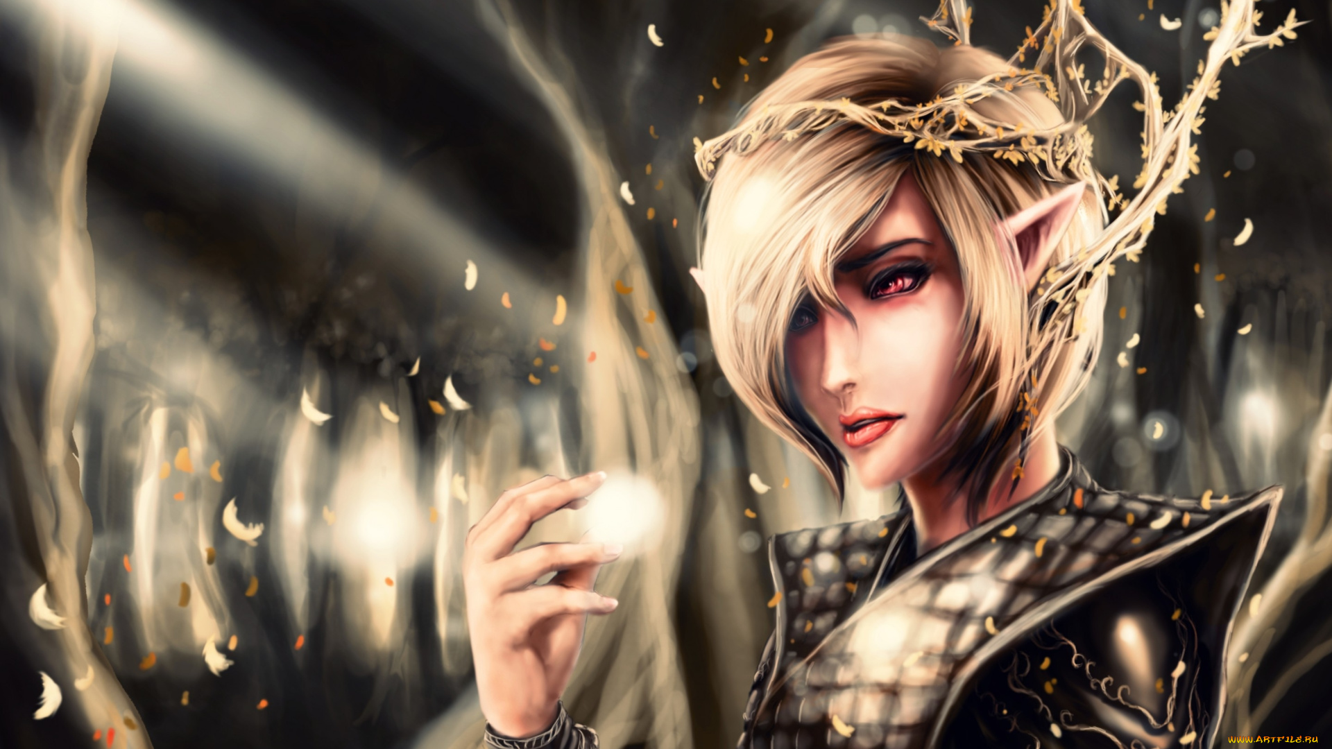 фэнтези, эльфы, деревья, лес, красные, глаза, эльф