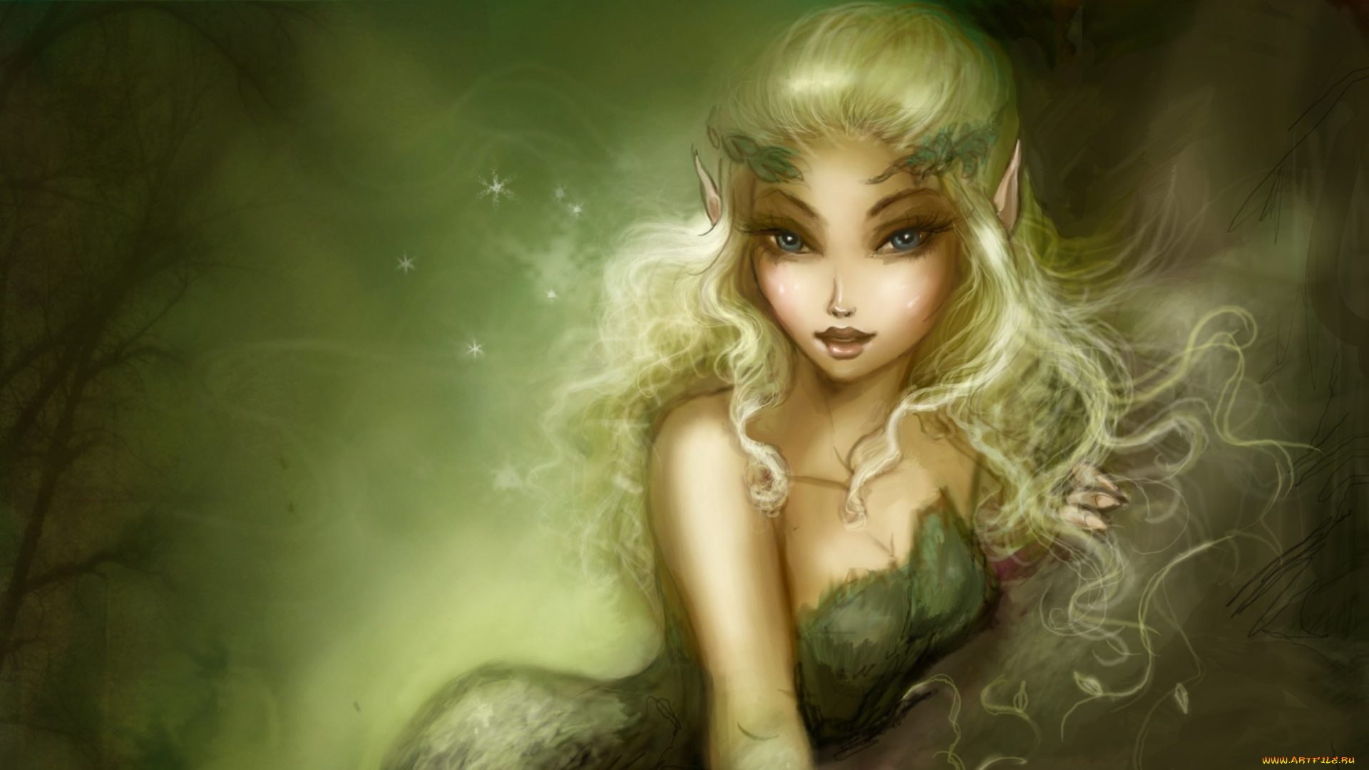 фэнтези, эльфы, природа, рука, деревья, зеленое, волосы, взгляд, девушка, эльф