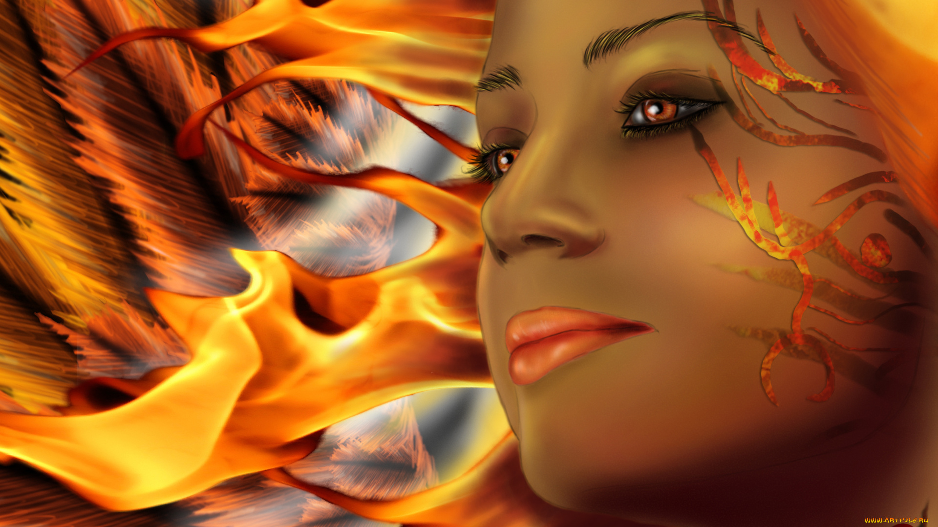фэнтези, фотоарт, глаза, огонь, девушка, взгляд, феникс, узор, лицо
