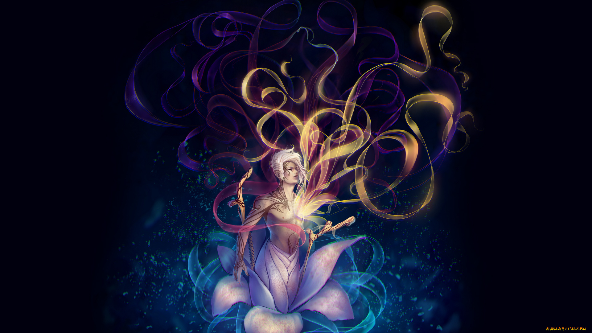 фэнтези, магия, лепестки, персонификация, парень, цветок, искры