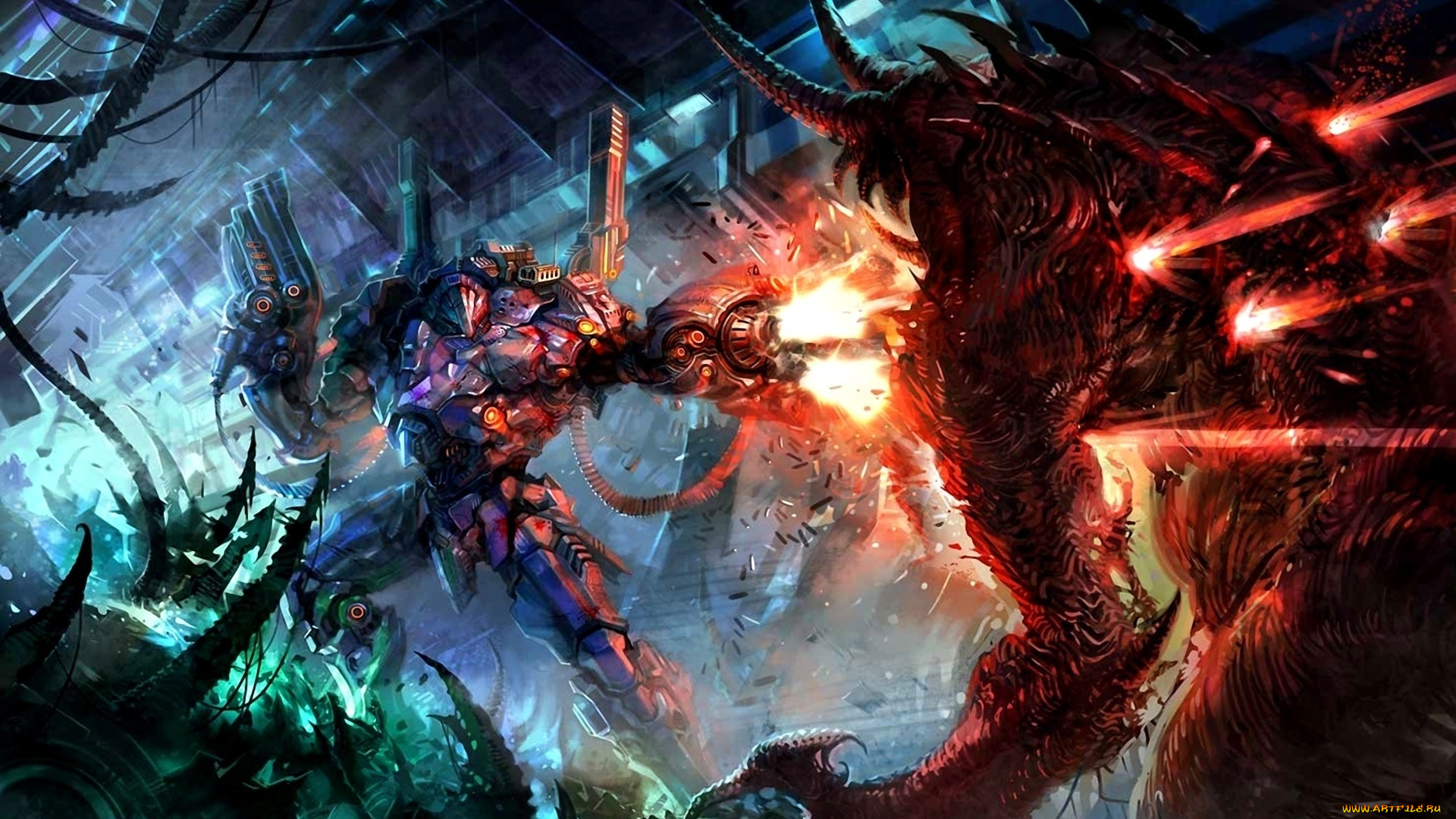 фэнтези, роботы, , киборги, , механизмы, существо, монстр, киборг, схватка, сражение
