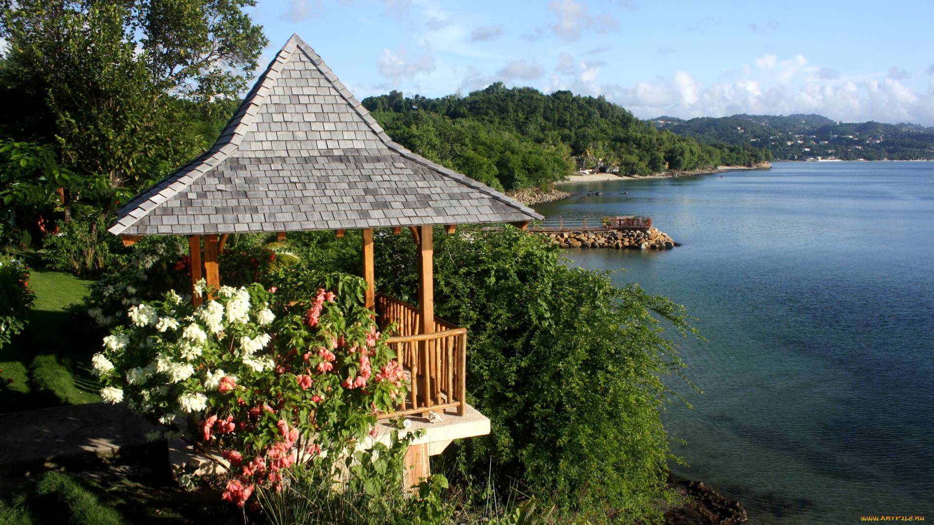 природа, побережье, море, цветы, беседка, горы