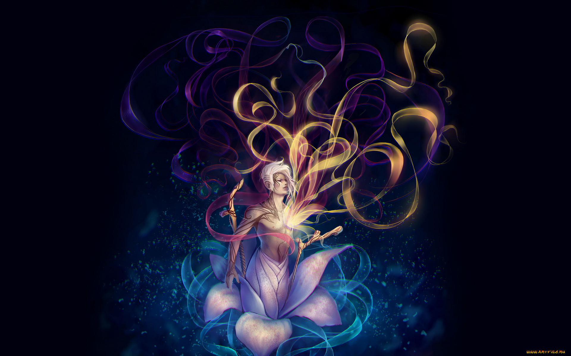 фэнтези, магия, лепестки, персонификация, парень, цветок, искры