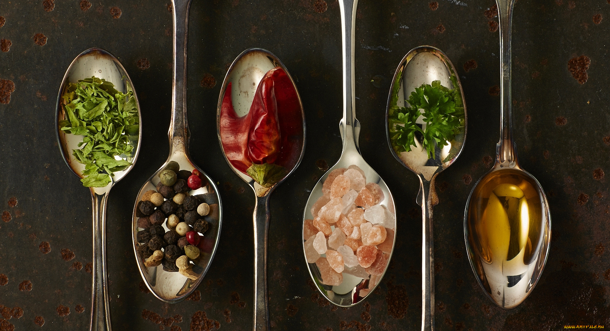 еда, разное, кинза, специи, ложечки, масло, перец