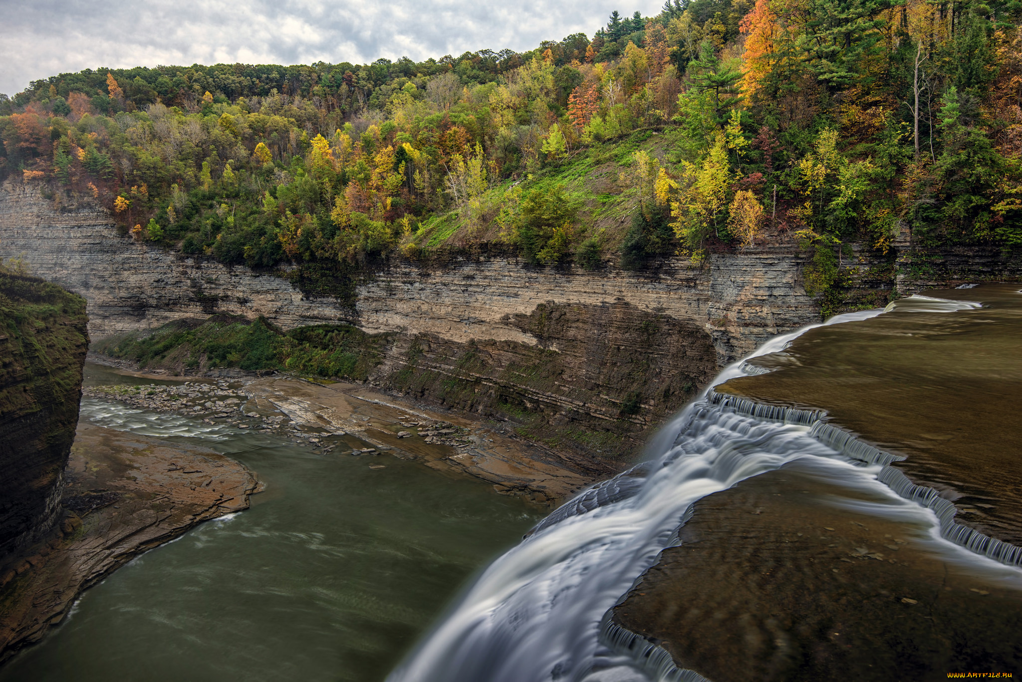 middle, falls, , letchworth, state, park, , ny, природа, водопады, скалы, ущелье, лес, река, водопад