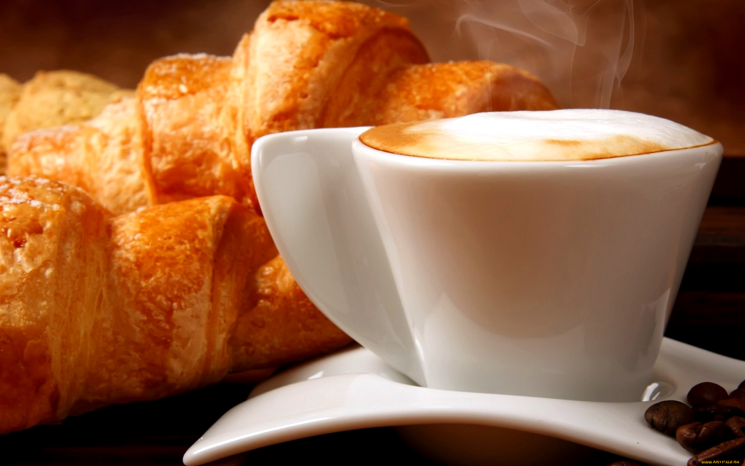 еда, кофе, , кофейные, зёрна, зерна, пенка, чашка, круассан