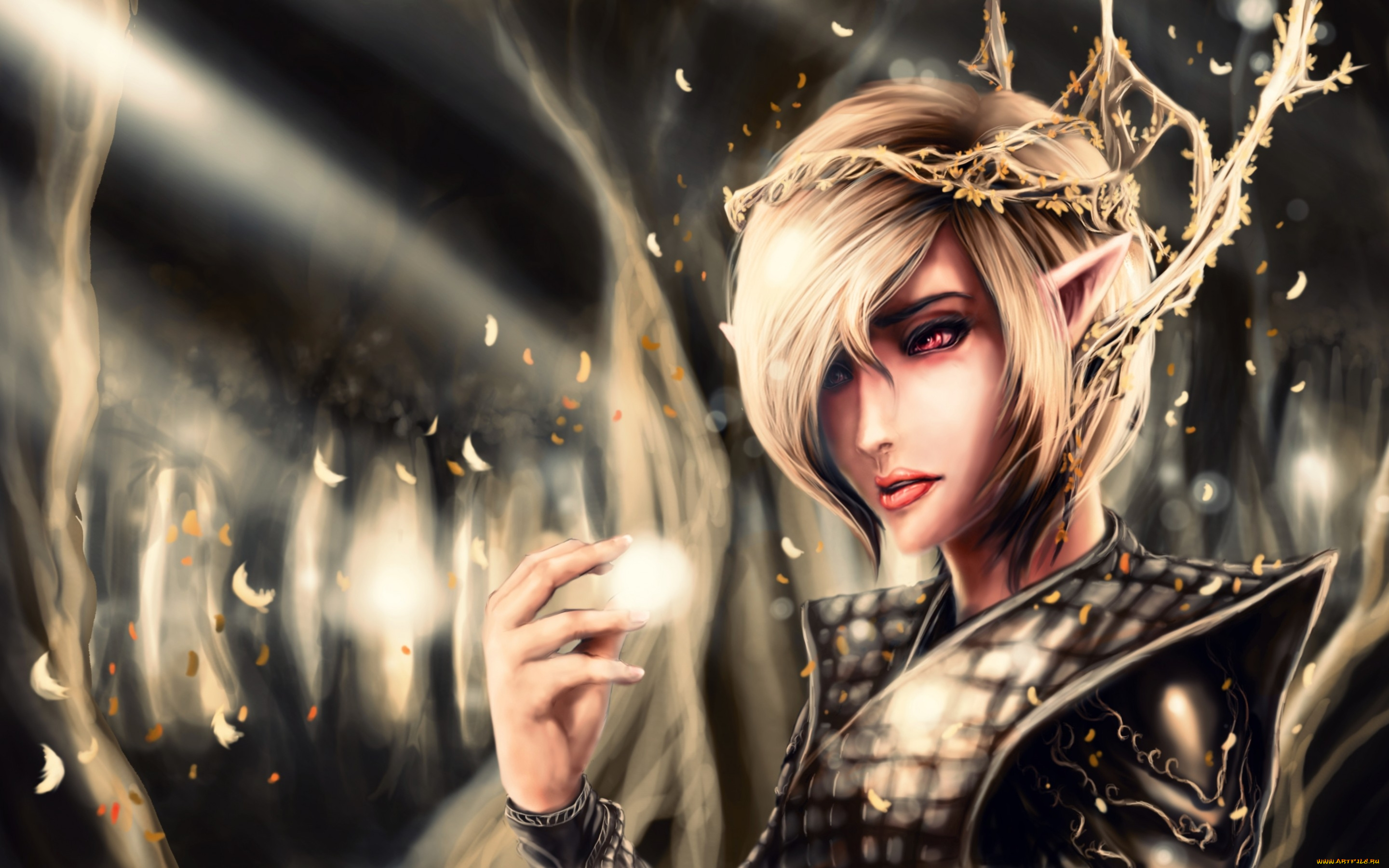 фэнтези, эльфы, деревья, лес, красные, глаза, эльф