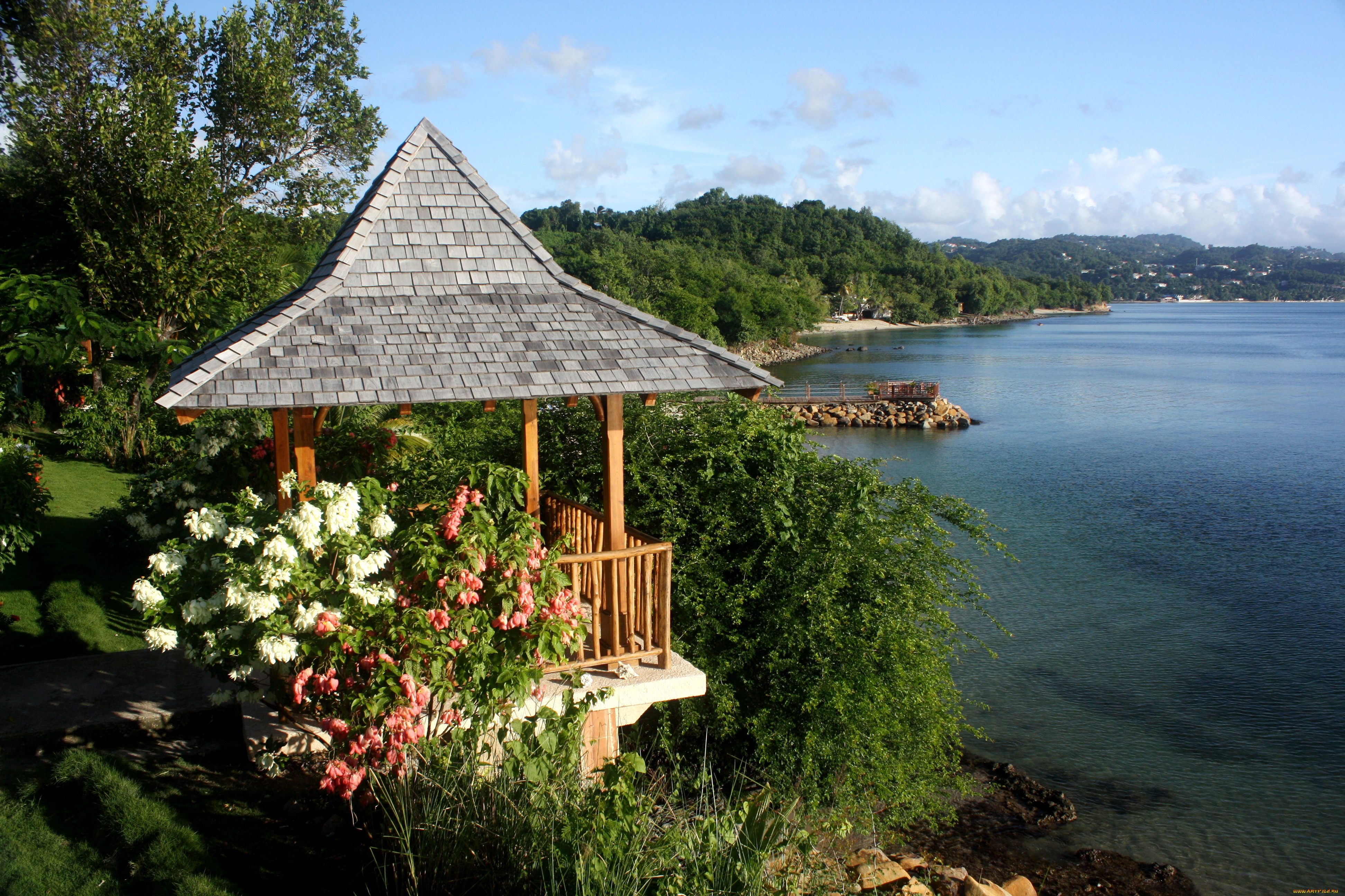 природа, побережье, море, цветы, беседка, горы