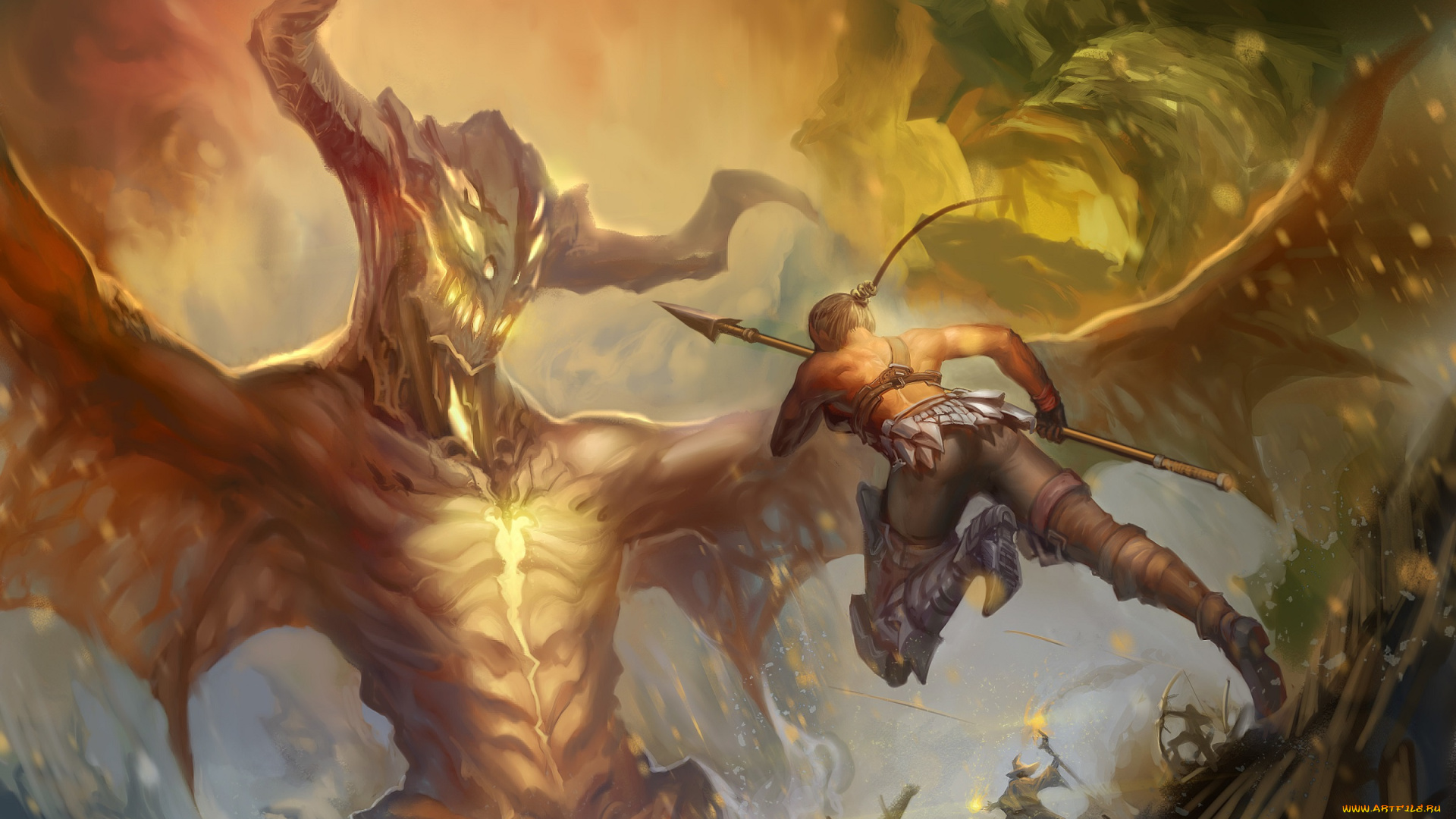 фэнтези, красавицы, и, чудовища, оружие, стрелы, копье, лук, арт, gevurah-studios, люди, рога, крылья, монстр