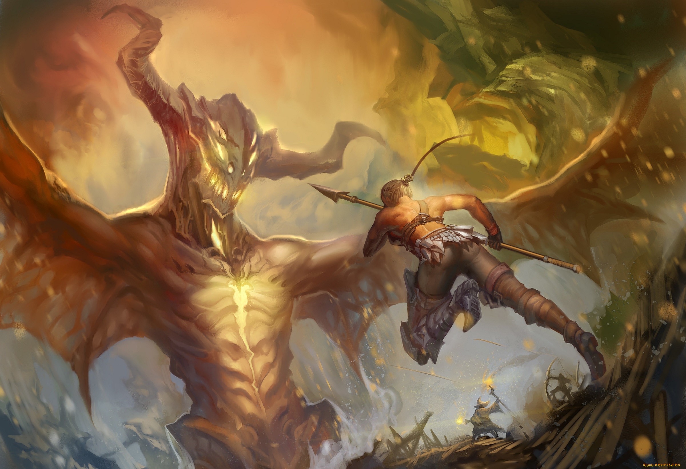 фэнтези, красавицы, и, чудовища, оружие, стрелы, копье, лук, арт, gevurah-studios, люди, рога, крылья, монстр