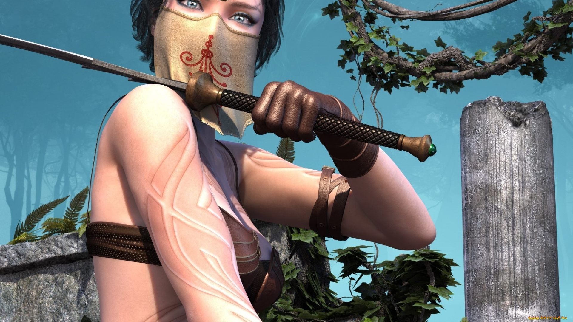 3д, графика, амазонки, , amazon, девушка, взгляд, фон, оружие, ниндзя