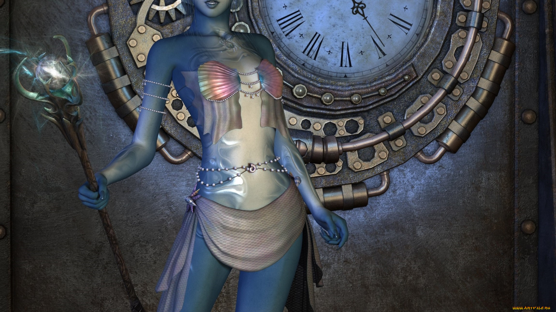 3д, графика, эльфы, , elves, часы, фон, взгляд, эльфийка