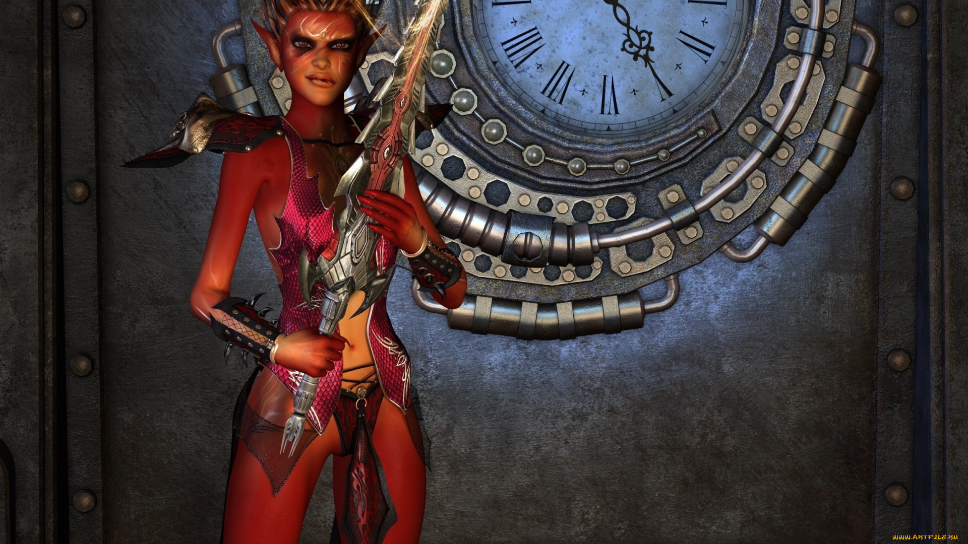 3д, графика, эльфы, , elves, эльфийка, часы, фон, взгляд