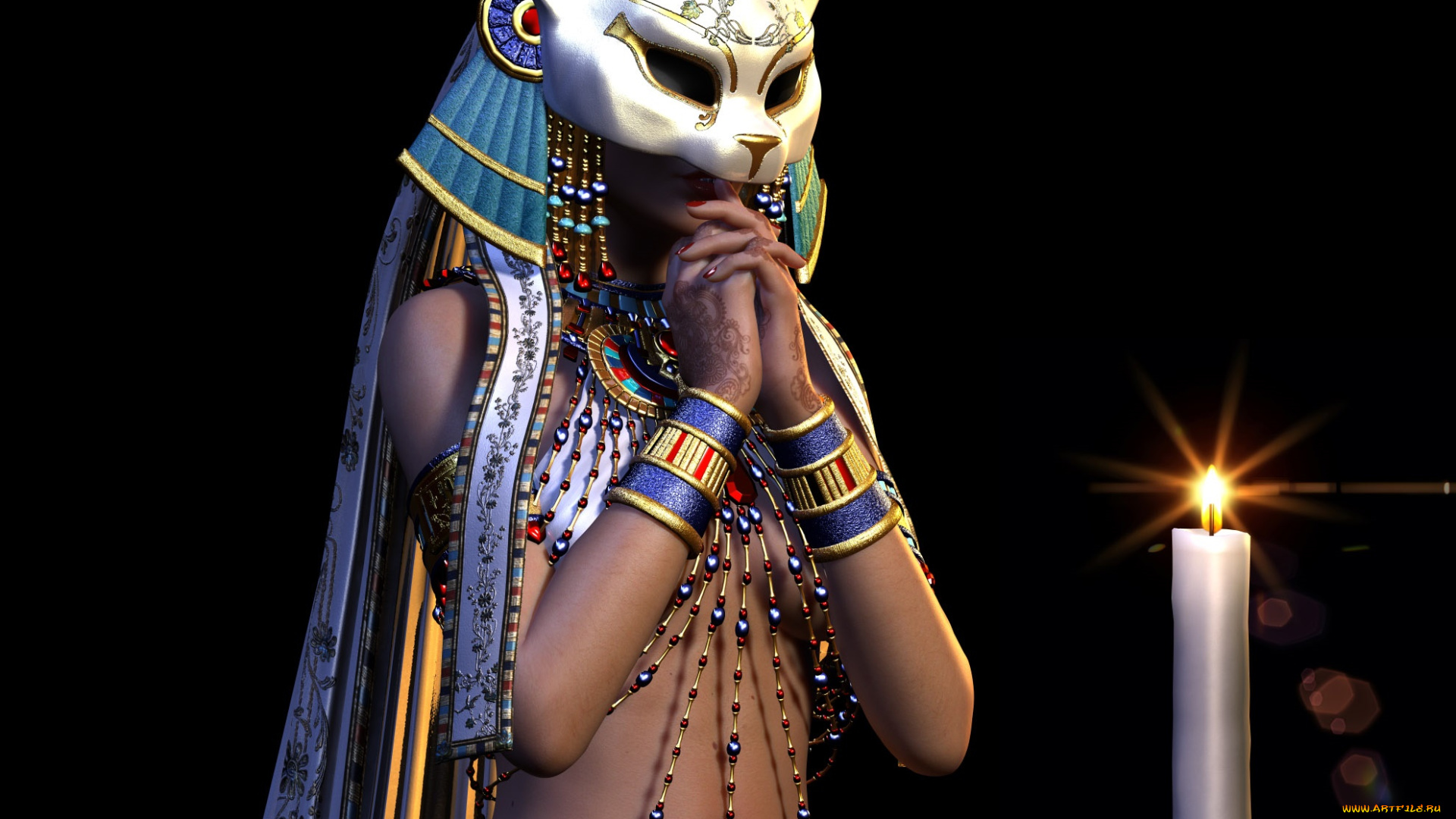3д, графика, фантазия, , fantasy, свеча, маска, фон, взгляд, девушка
